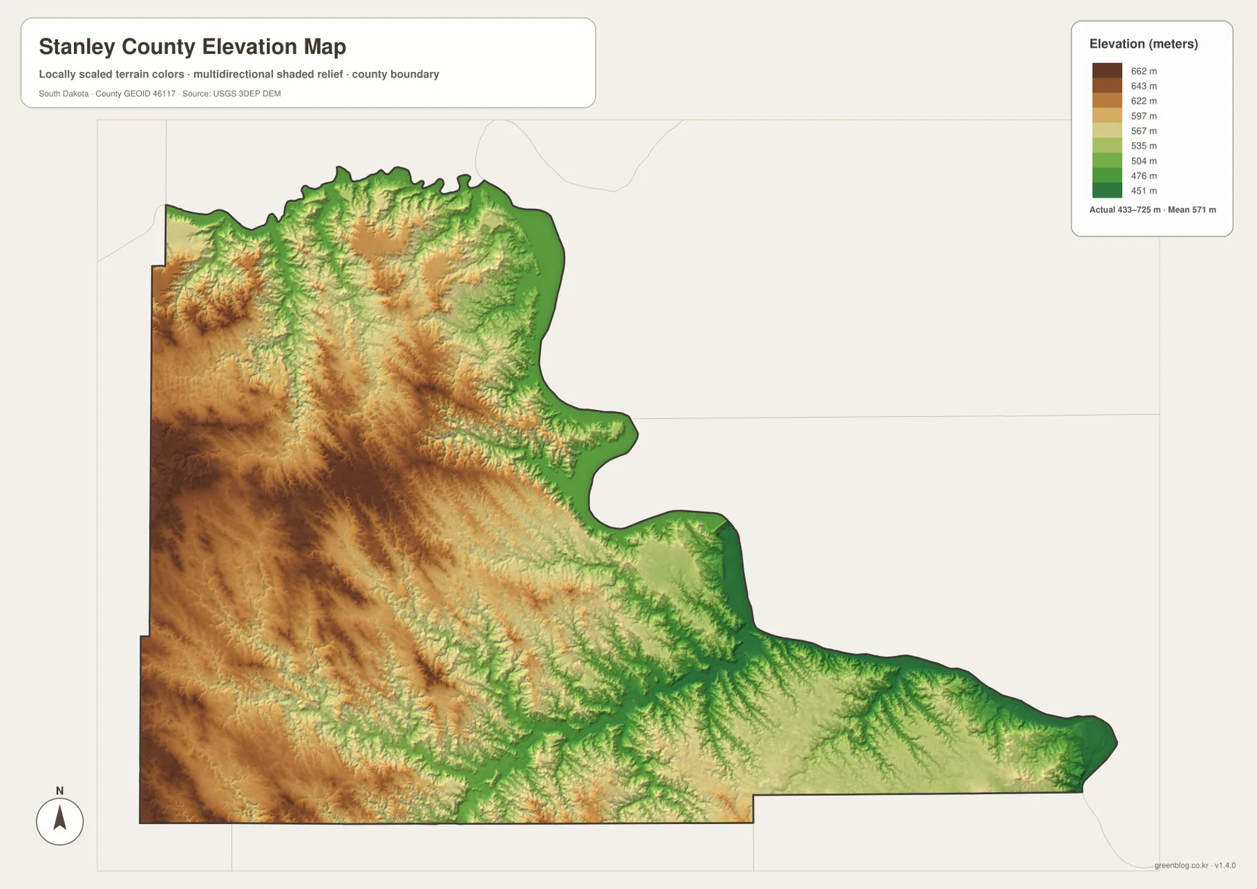 Stanley County elevation map with an actual range of 433 to 725 meters, lower Missouri River valleys, and higher western terrain