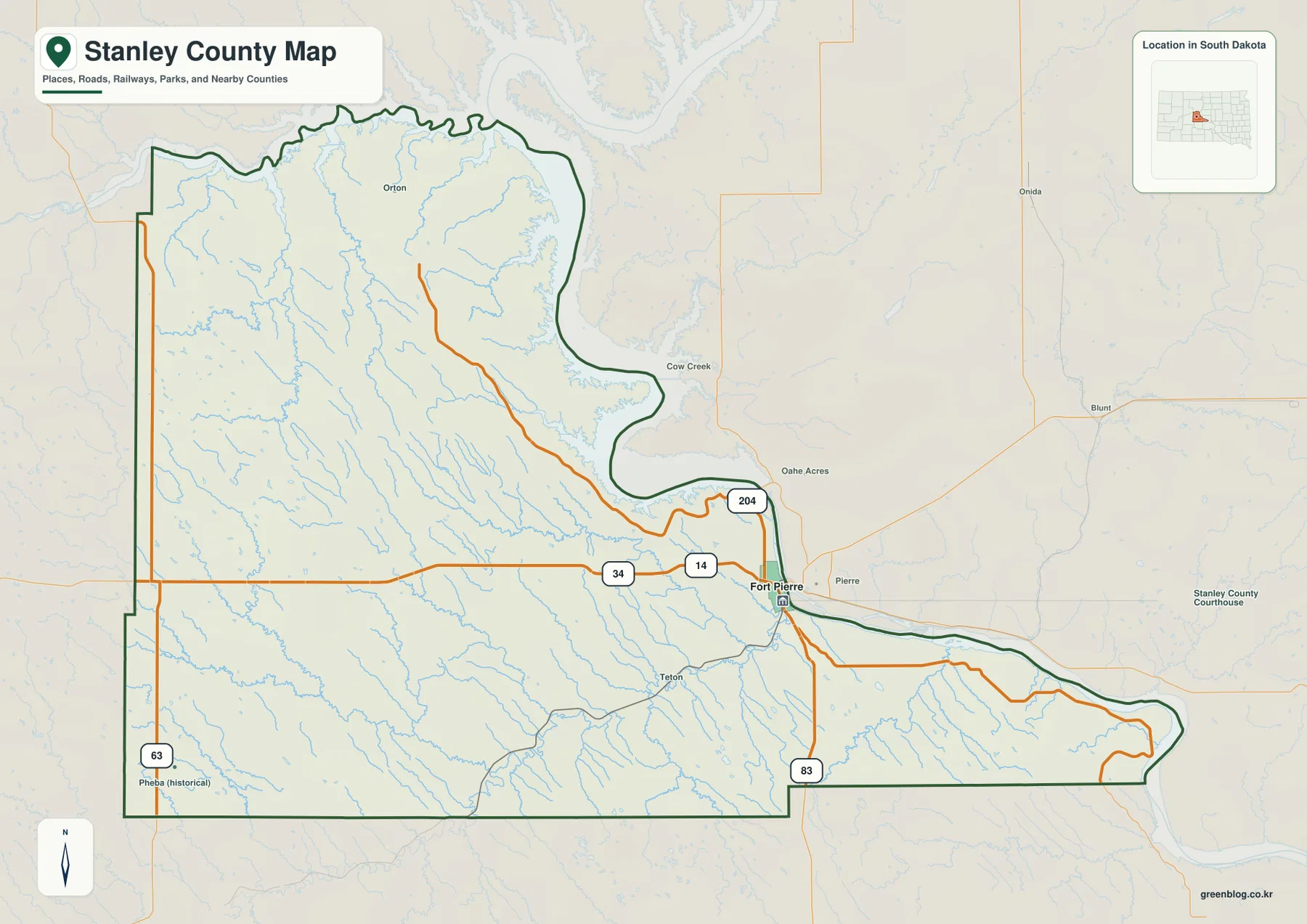 Stanley County map showing Fort Pierre, routes 34, 14, 83 and 63, the Missouri River boundary, and interior creeks