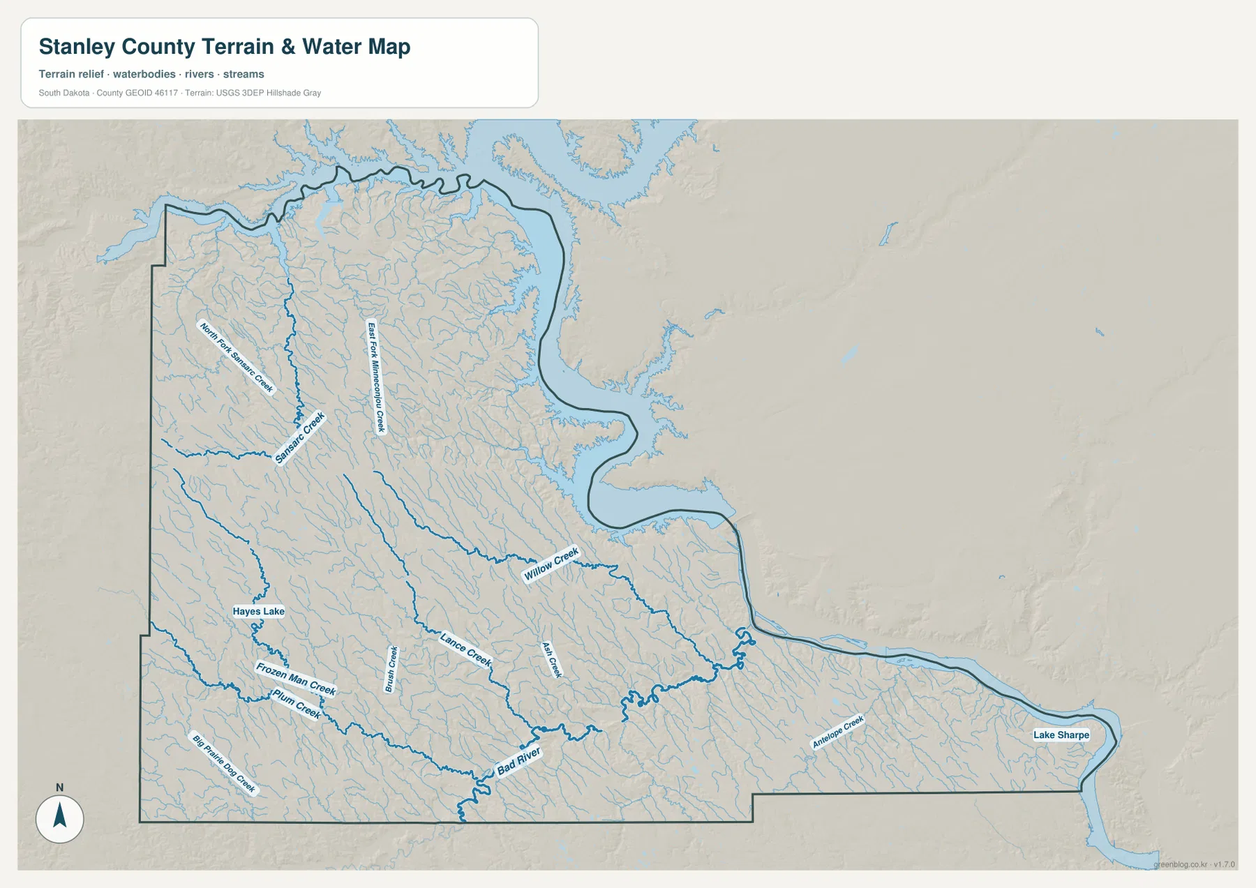 Stanley County terrain and water map showing Lake Oahe, Lake Sharpe, Bad River, Willow Creek, Lance Creek, Sansarc Creek and Hayes Lake