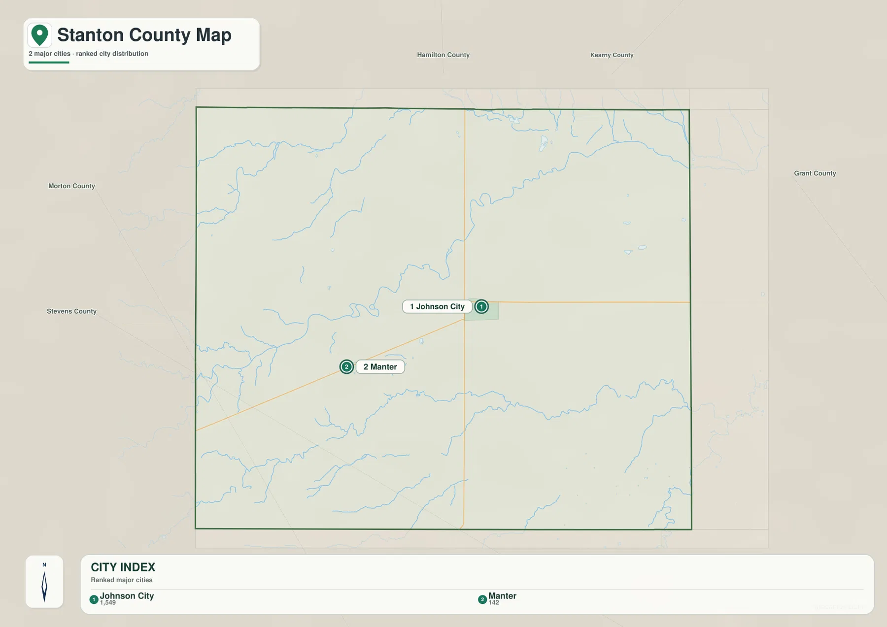 Stanton County Kansas city map showing Johnson City and Manter