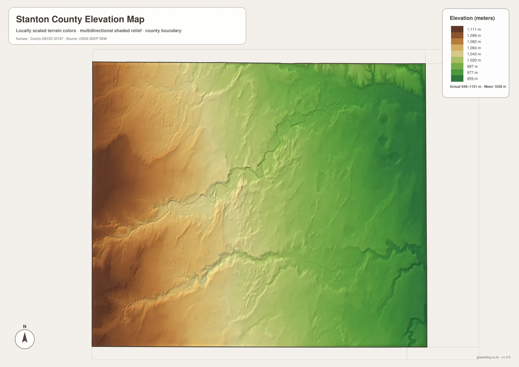 Stanton County Kansas elevation map showing 949 to 1131 meter High Plains relief and Bear Creek valleys