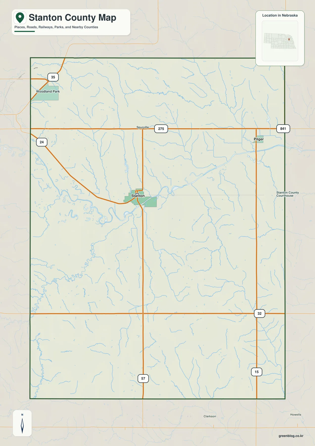 Stanton, Pilger, U.S. 275와 Nebraska 24, 57, 32, 15를 표시한 Stanton County Nebraska 지도