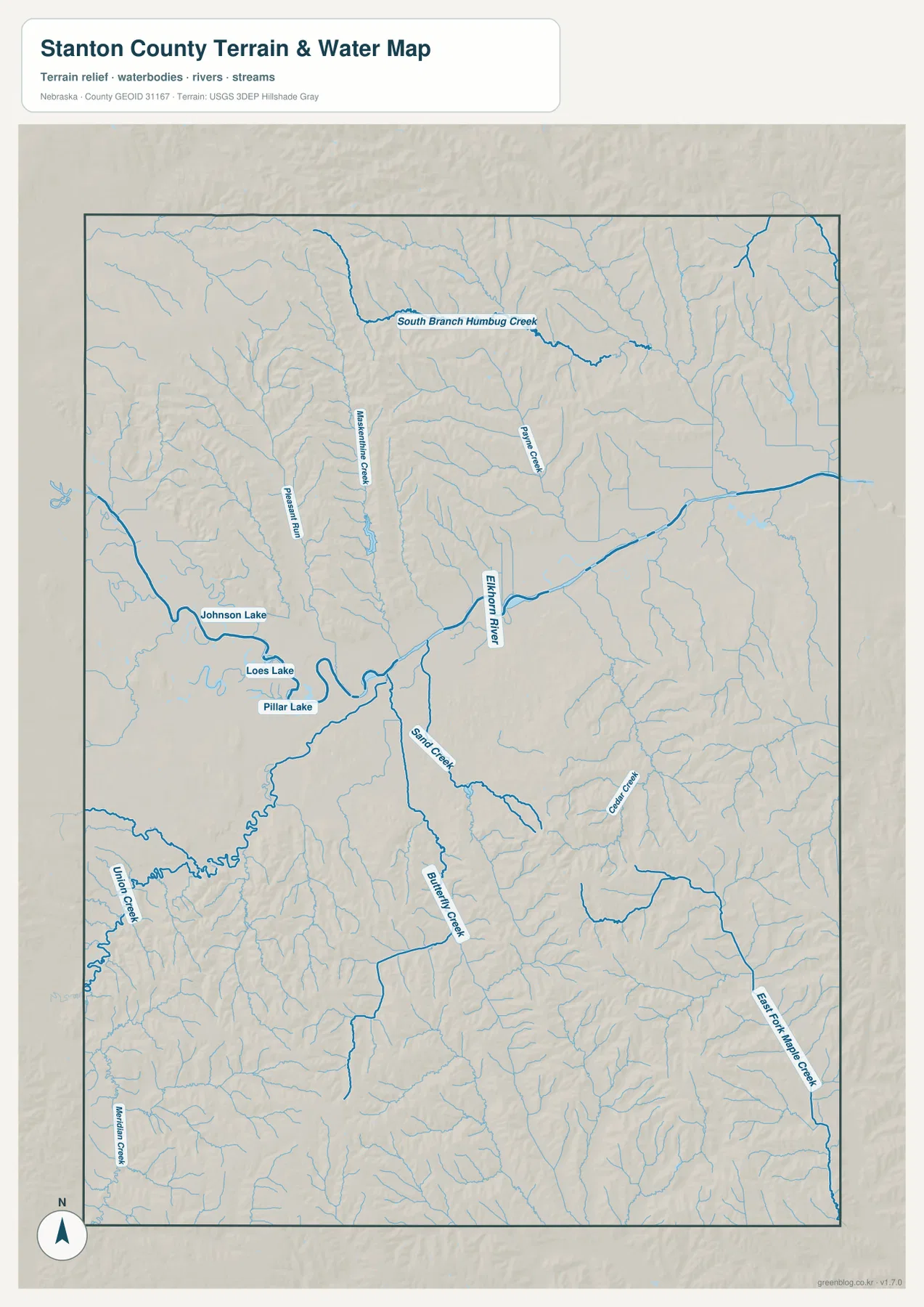 Elkhorn River, South Branch Humbug Creek, Maskenthine Creek, Sand Creek와 주요 호수를 표시한 Stanton County 물길 지도