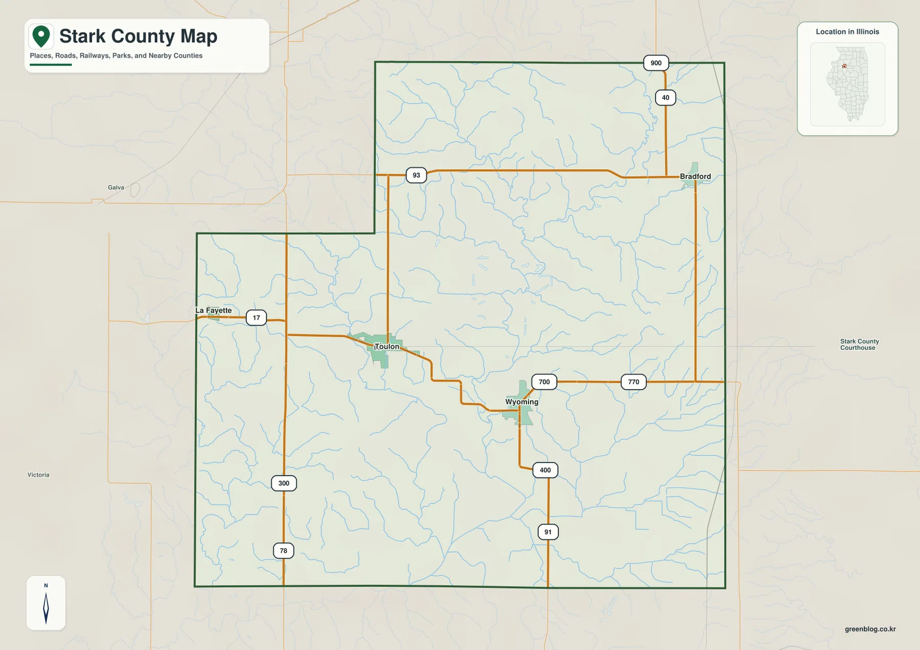 Wyoming, Toulon, Bradford, La Fayette와 주요 번호 도로를 보여 주는 Stark County Illinois 지도
