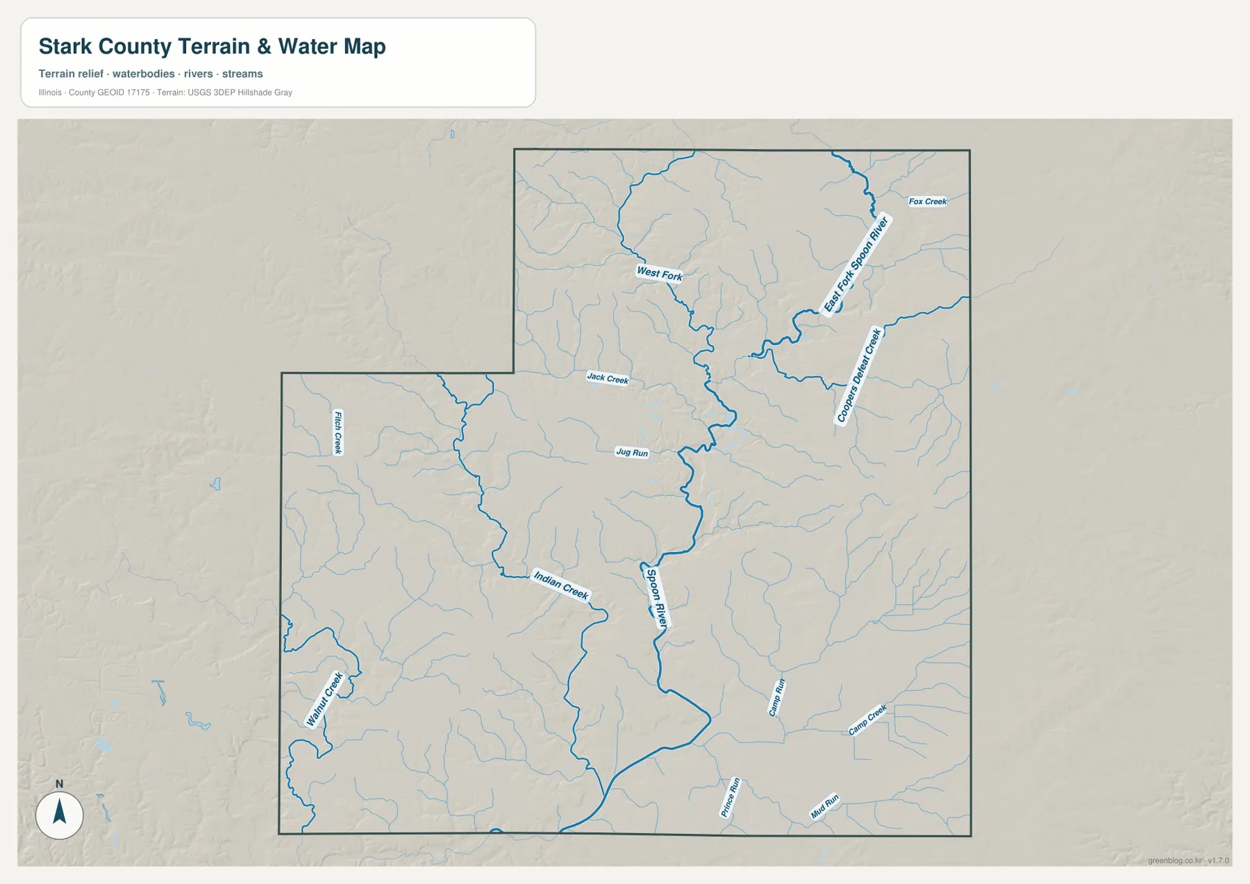 Spoon River, East Fork Spoon River, West Fork, Indian Creek, Walnut Creek, Fox Creek를 보여 주는 Stark County 수역 지도