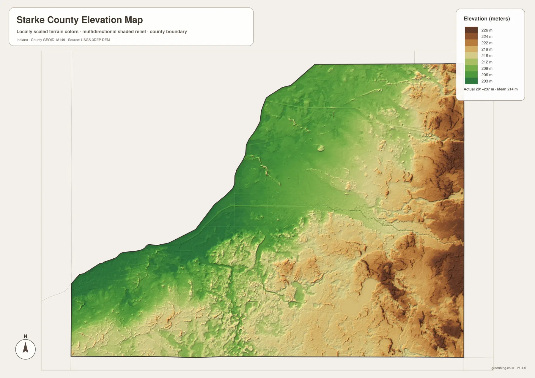 Starke County elevation map showing lower green terrain across the west and north-central interior and higher tan-brown ground along the east and southeast