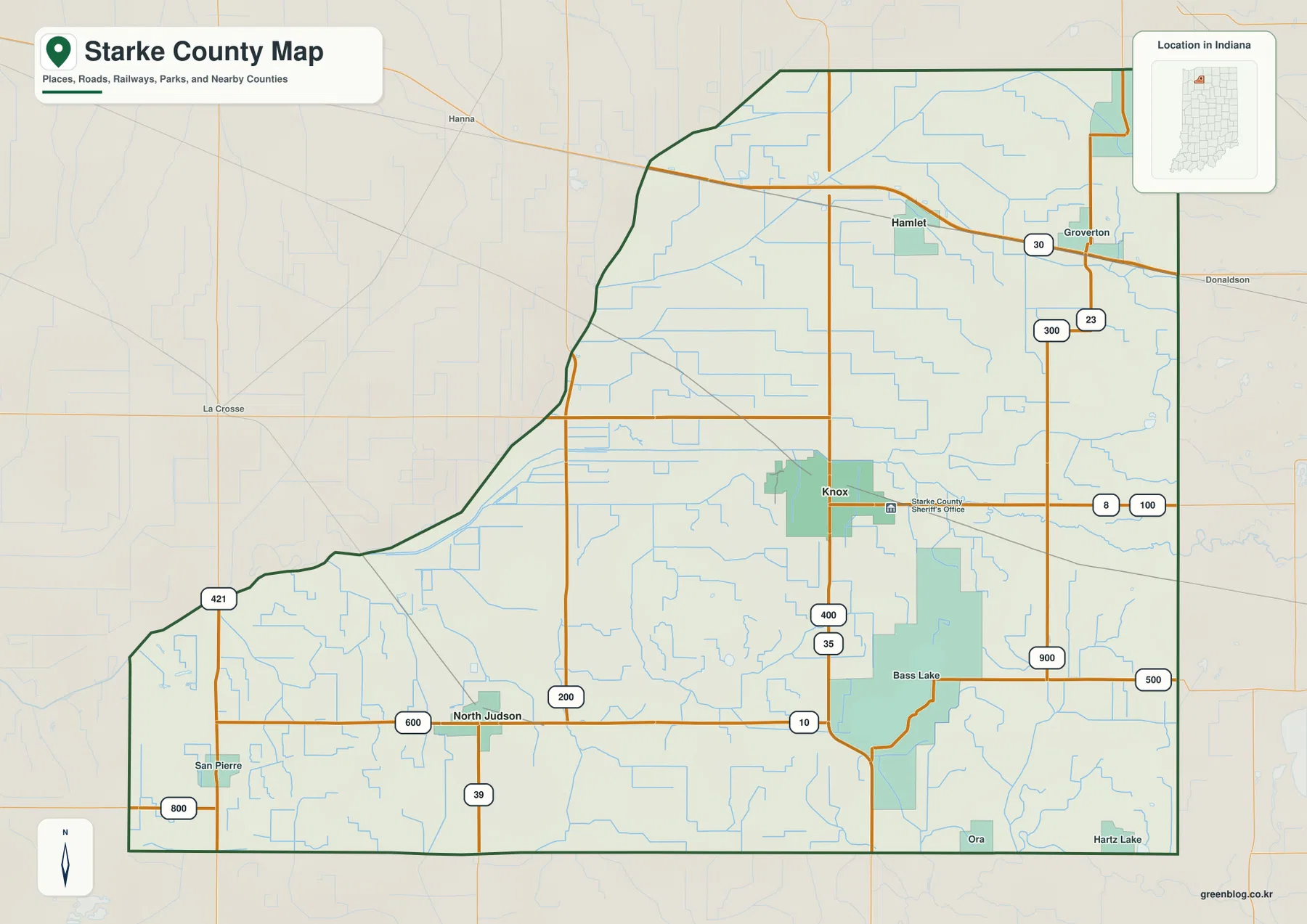 Starke County general map showing Knox, North Judson, Hamlet, Grovertown, Bass Lake, San Pierre, and major numbered roads