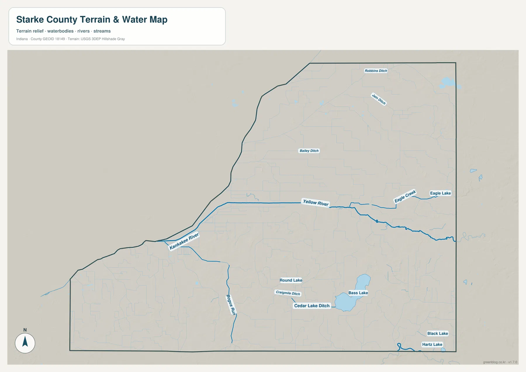 Starke County water map showing Kankakee River, Yellow River, Eagle Creek, Bass Lake, Round Lake, Eagle Lake, and named ditches