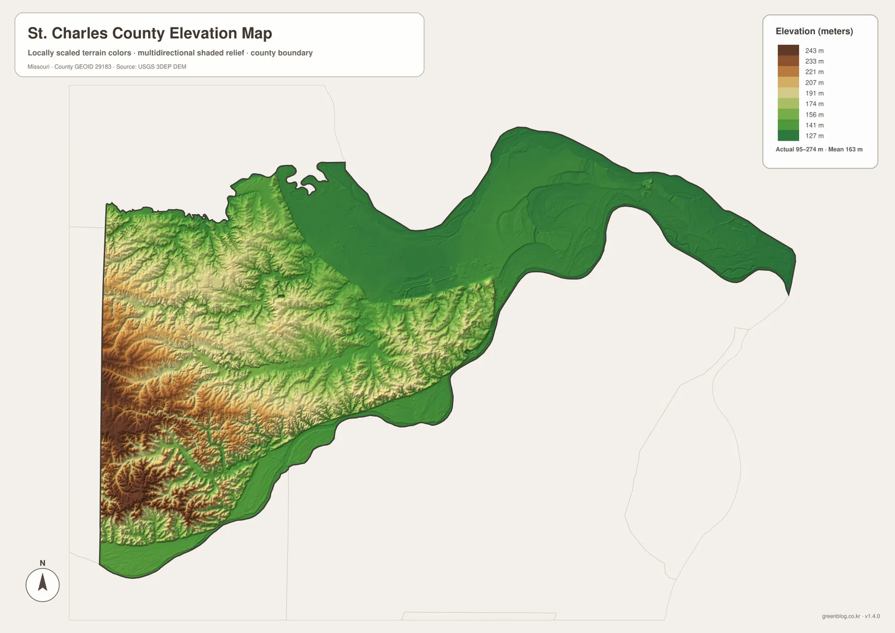 95~274m 고도 범위와 서부·남서부 구릉, Missouri River 저지, Dardenne Creek 골짜기를 보여 주는 St. Charles County 고도 지도