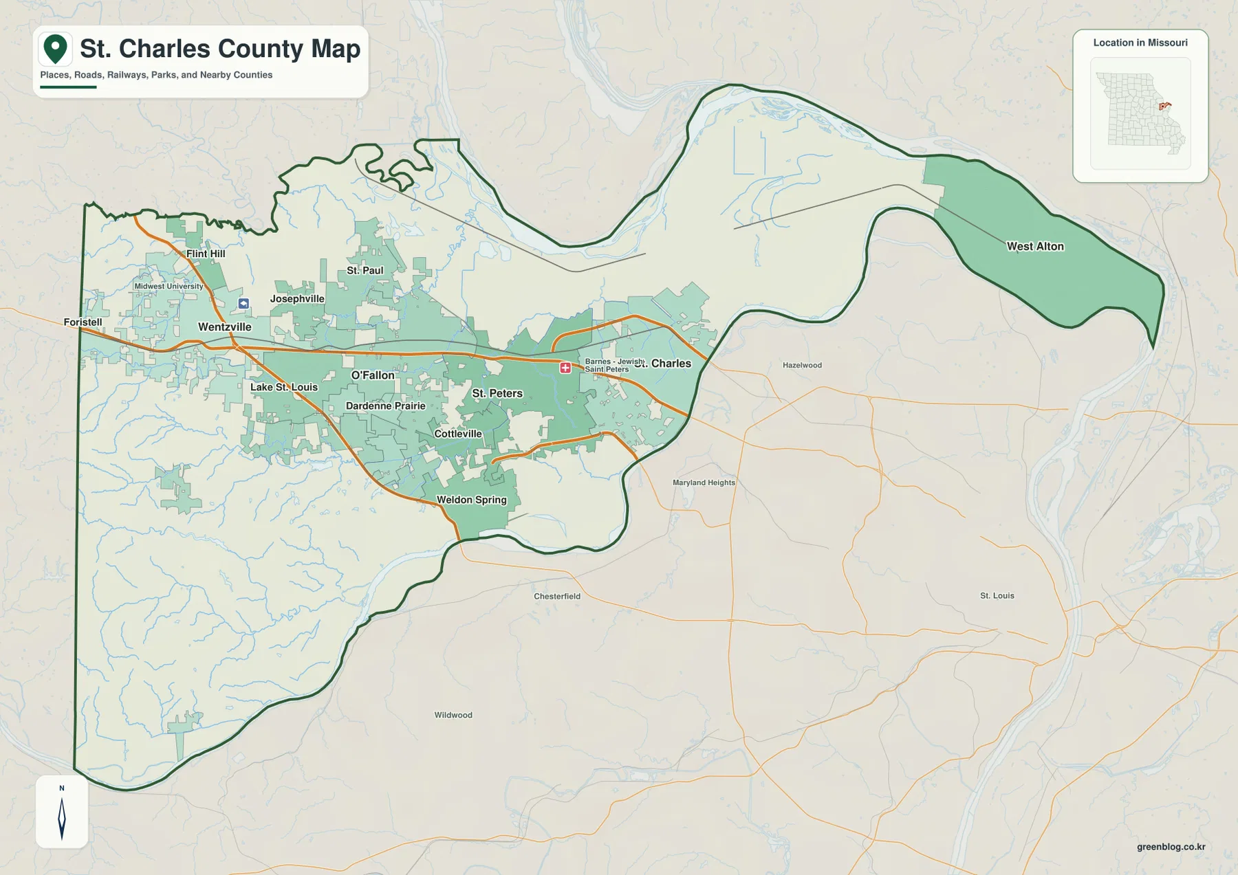 O’Fallon, St. Charles, St. Peters, Wentzville, Lake St. Louis와 주요 도로를 표시한 St. Charles County 지도