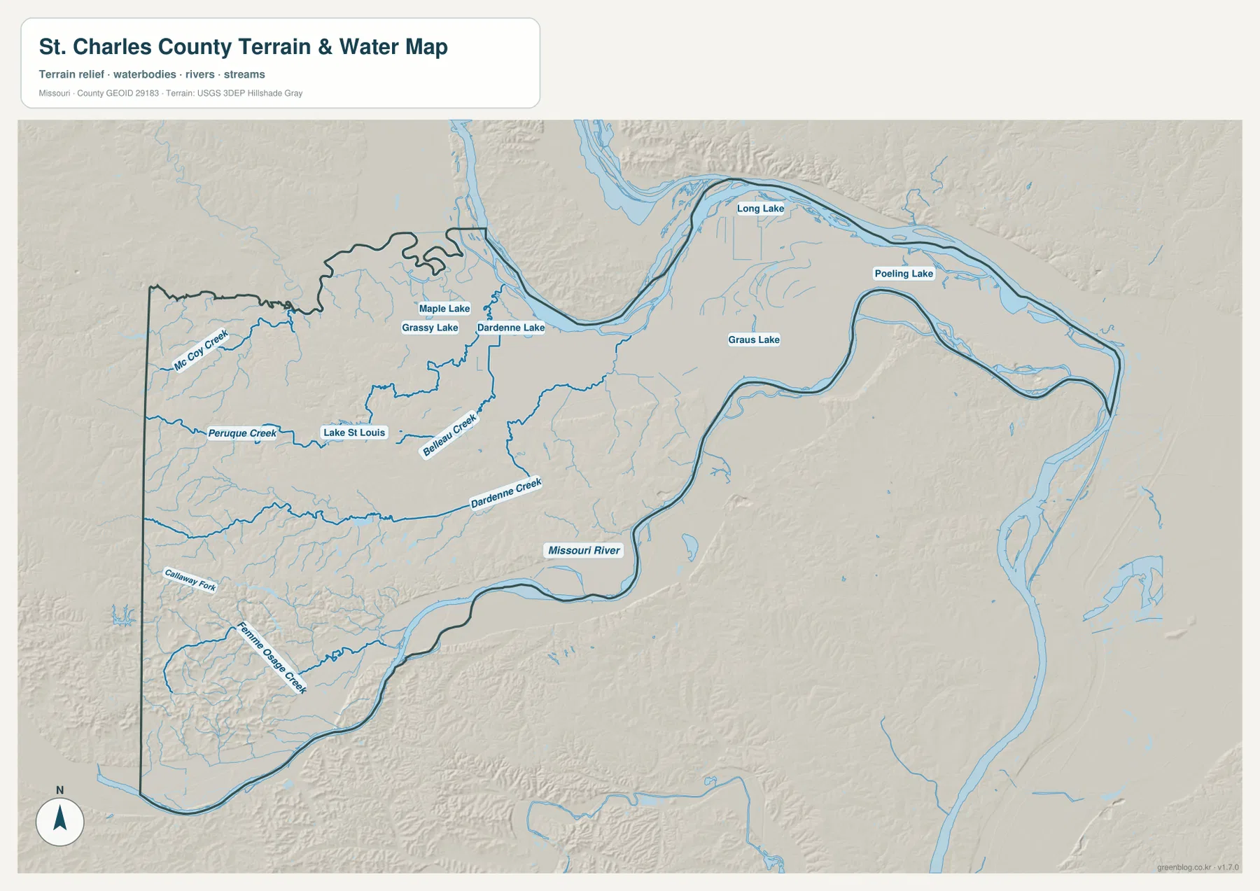 Missouri River, Dardenne Creek, Peruque Creek, Femme Osage Creek, Lake St. Louis, Long Lake를 표시한 St. Charles County 지형 수역 지도