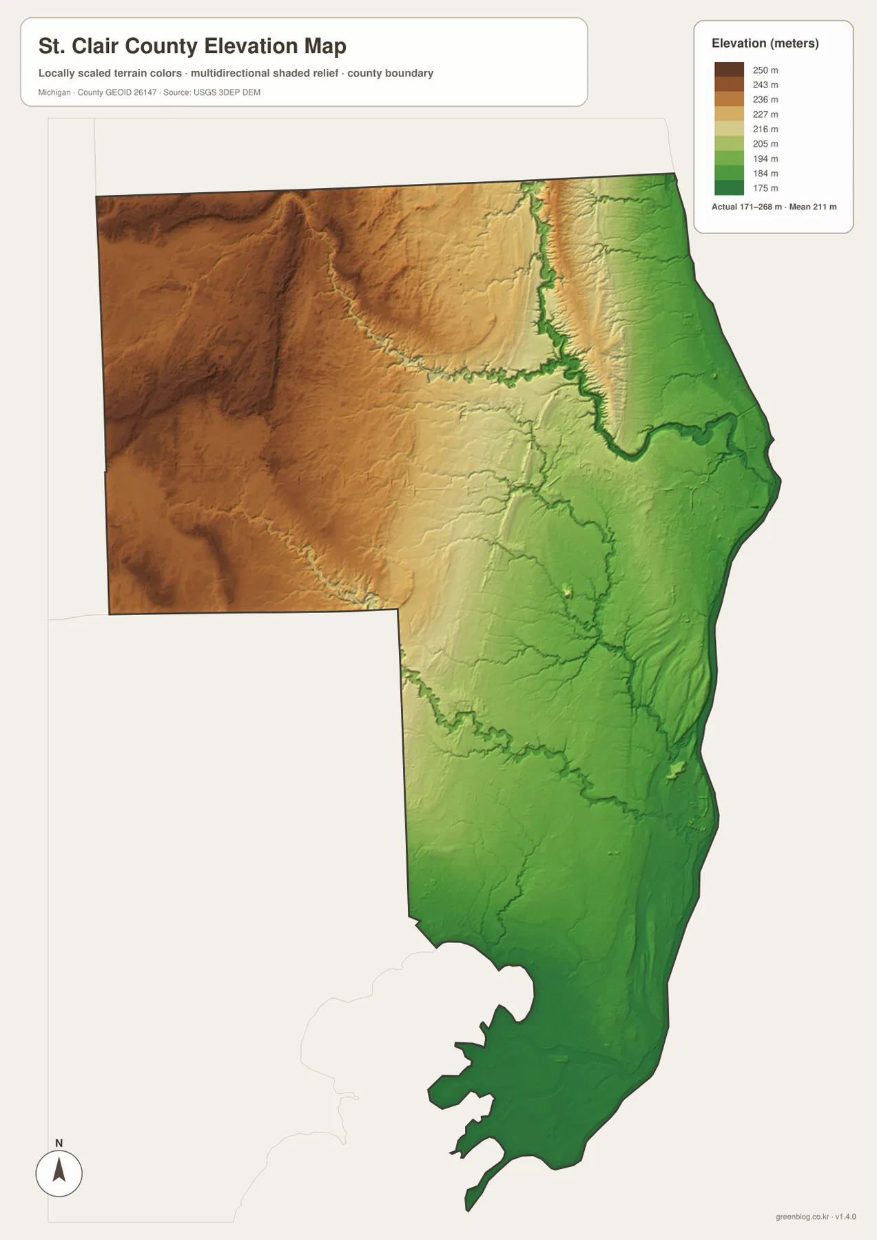 약 171~268m의 St. Clair County 고도와 서부 고지, 동부 St. Clair River 저지를 보여 주는 지도