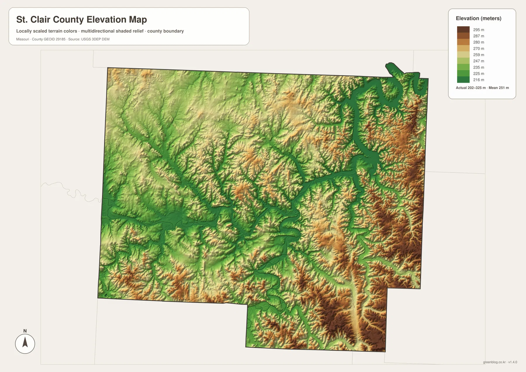 St. Clair County elevation map showing 202 to 325 meter relief, low Truman Reservoir and Osage River valleys, and higher eastern and southern ridges