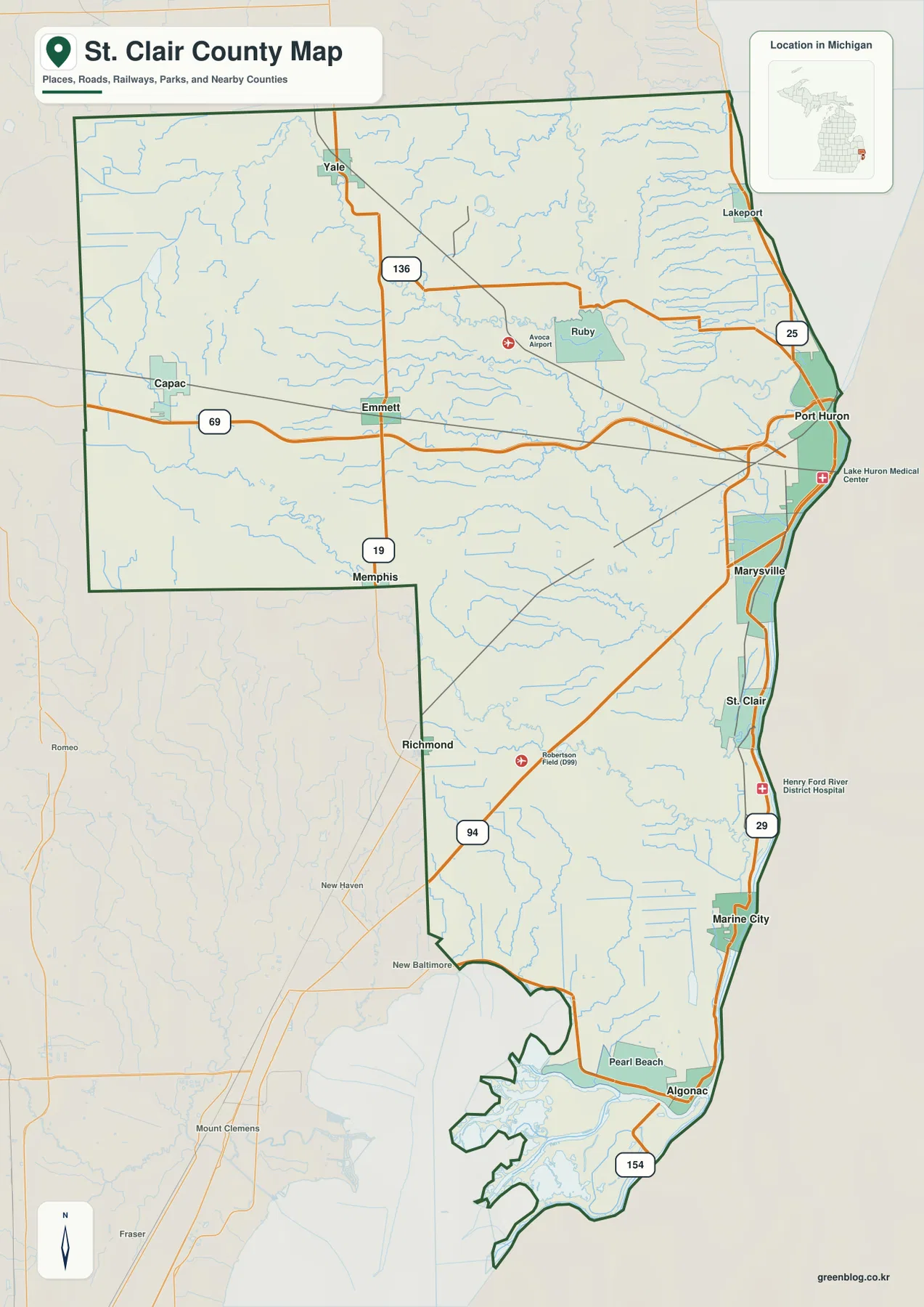 Port Huron, Marysville, St. Clair, Marine City, Algonac과 주요 도로를 보여 주는 미시간주 St. Clair County 지도