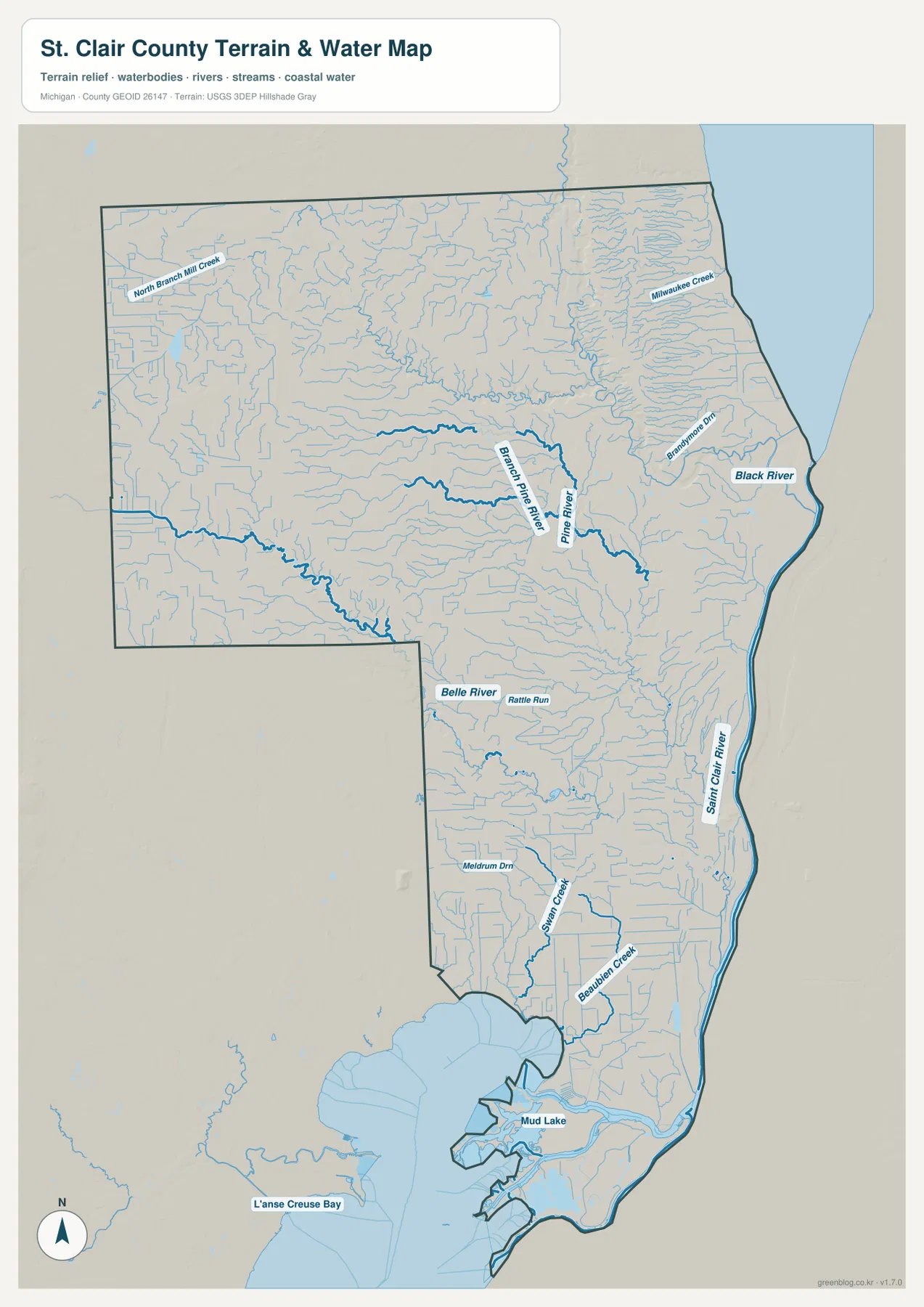 St. Clair River, Black River, Pine River, Belle River와 남부 수로를 보여 주는 St. Clair County 수역 지도