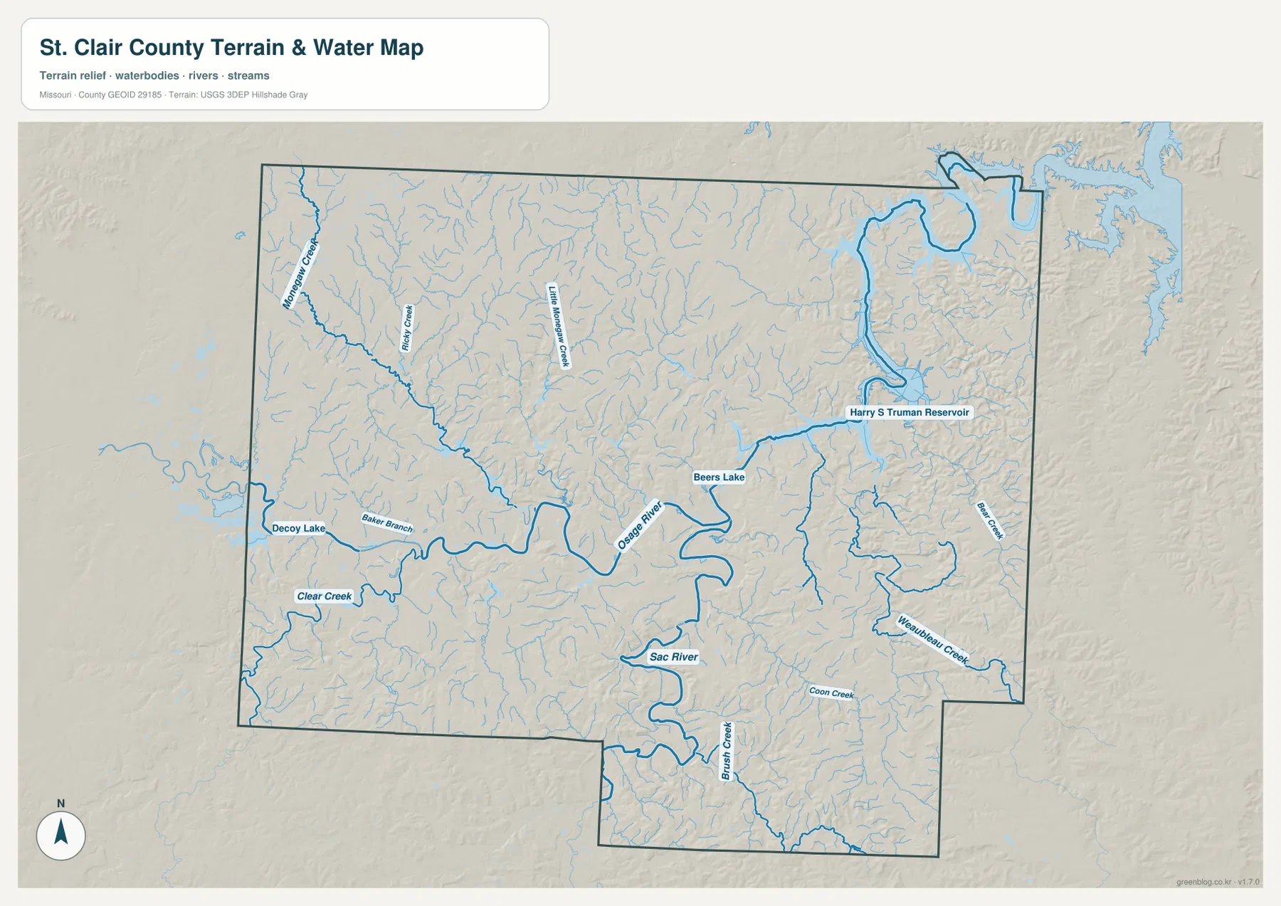 St. Clair County terrain and water map showing Harry S Truman Reservoir, Osage River, Sac River, Monegaw Creek, Weaubleau Creek, and Beers Lake