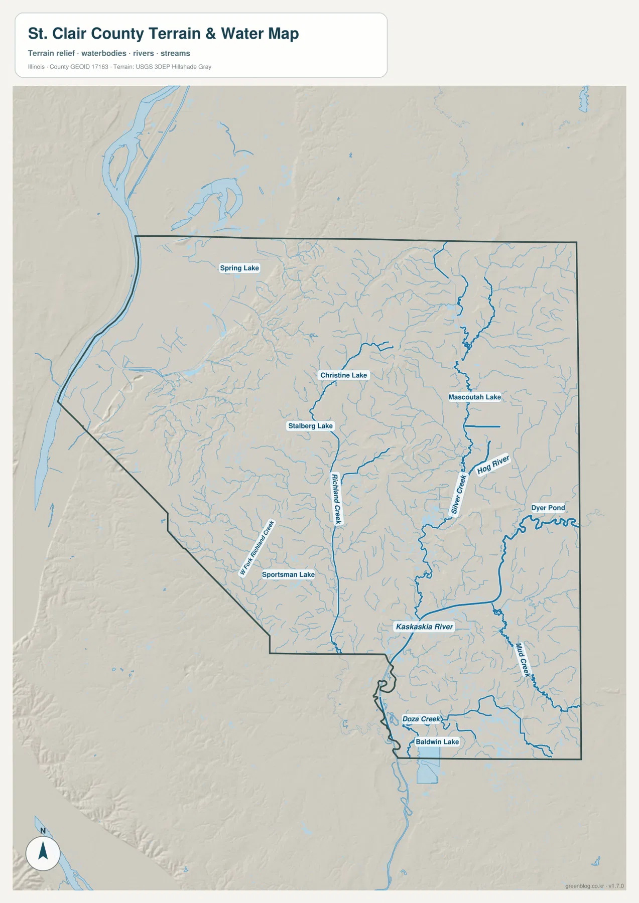 Kaskaskia River, Silver Creek, Richland Creek, Hog River, Mascoutah Lake, Baldwin Lake를 보여 주는 St. Clair County 수역 지도