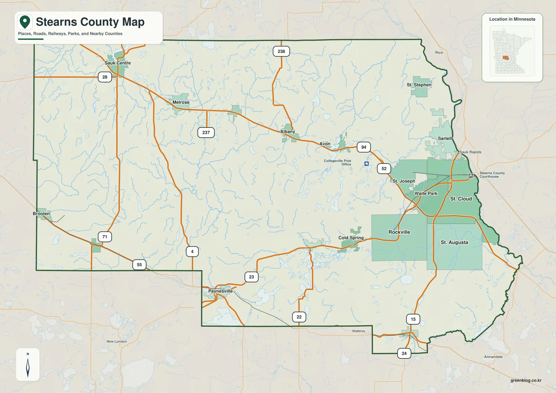 Stearns County의 St. Cloud, St. Joseph, Albany, Melrose, Sauk Centre, Paynesville과 I-94, U.S. 71, MN 23을 보여 주는 지도