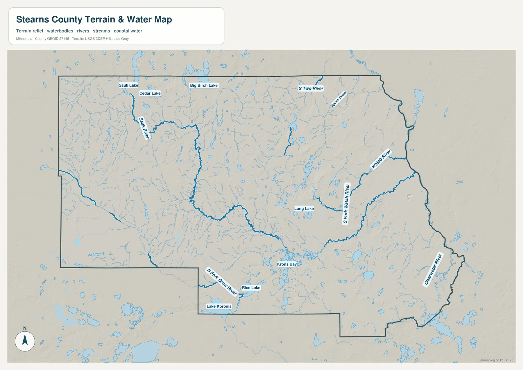 Sauk River, Watab River, South Fork Watab River, North Fork Crow River, Lake Koronis, Rice Lake, Long Lake를 보여 주는 Stearns County 수역 지도