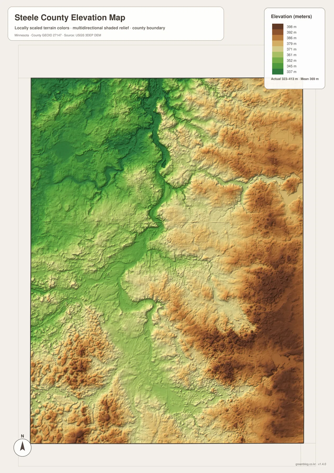 약 323m에서 413m 사이의 Steele County 고도와 Straight River 계곡, 동부 높은 구릉을 보여 주는 지도