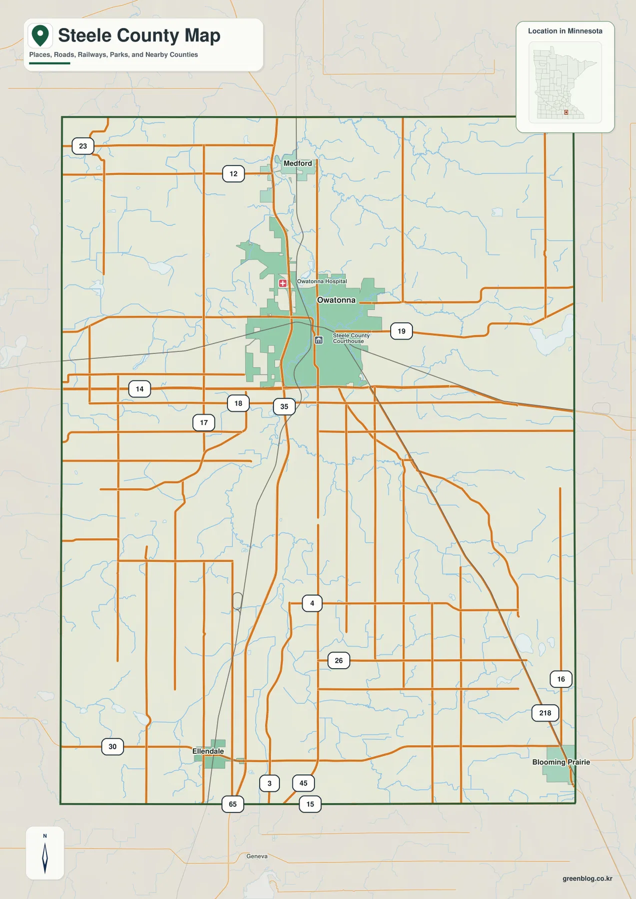 미네소타 Steele County의 Owatonna, Medford, Ellendale, Blooming Prairie와 I-35, US 14, 주요 도로를 보여 주는 지도