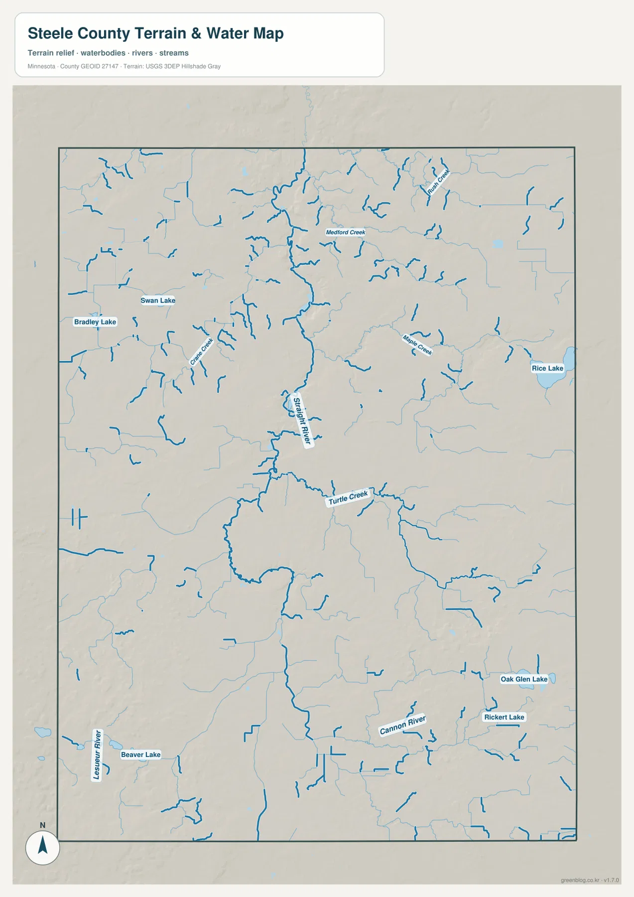 Straight River, Medford Creek, Maple Creek, Turtle Creek, Cannon River, Rice Lake, Beaver Lake를 보여 주는 Steele County 수역 지도