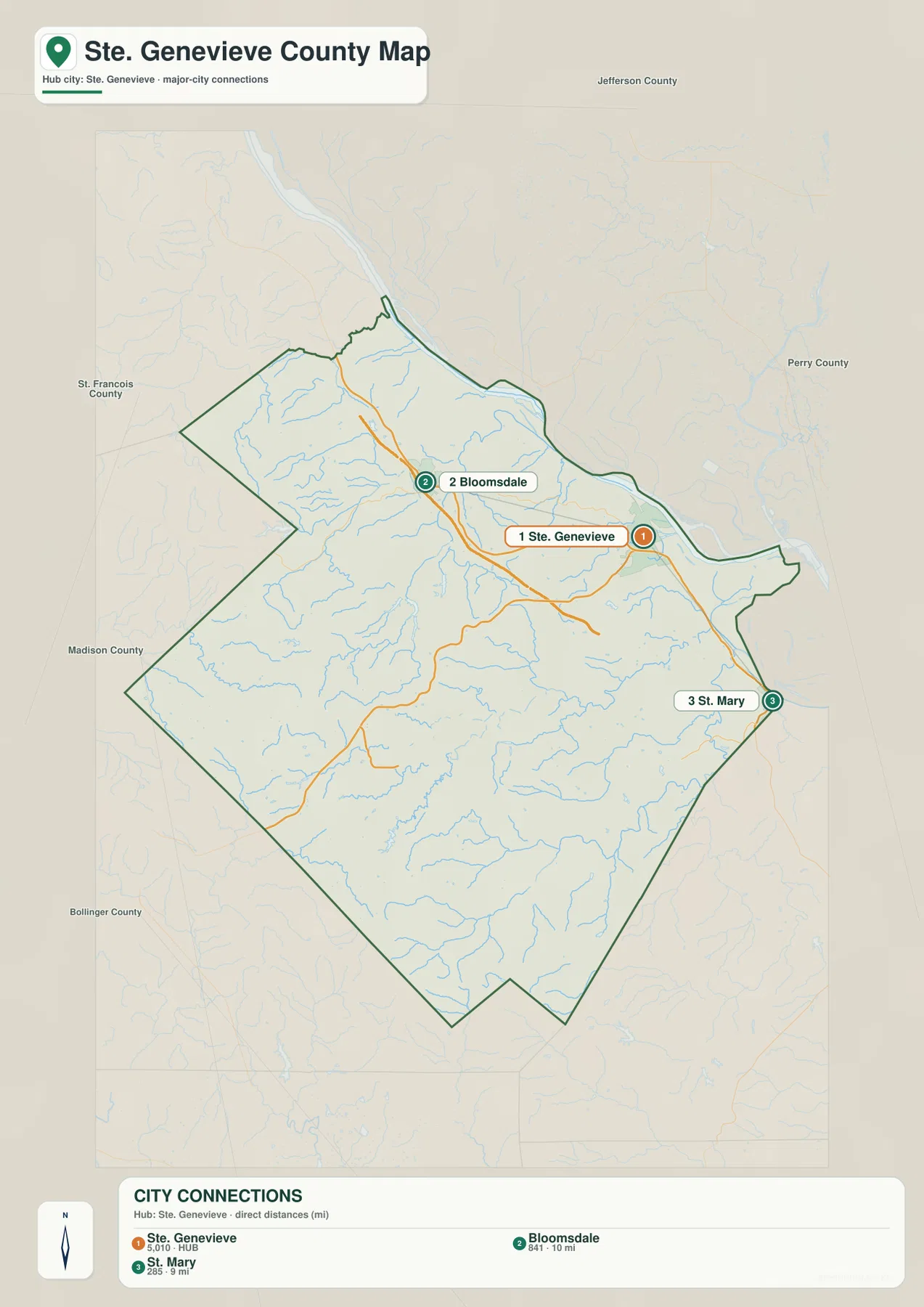 Ste. Genevieve County city map showing straight-line distances from Ste. Genevieve to Bloomsdale and St. Mary