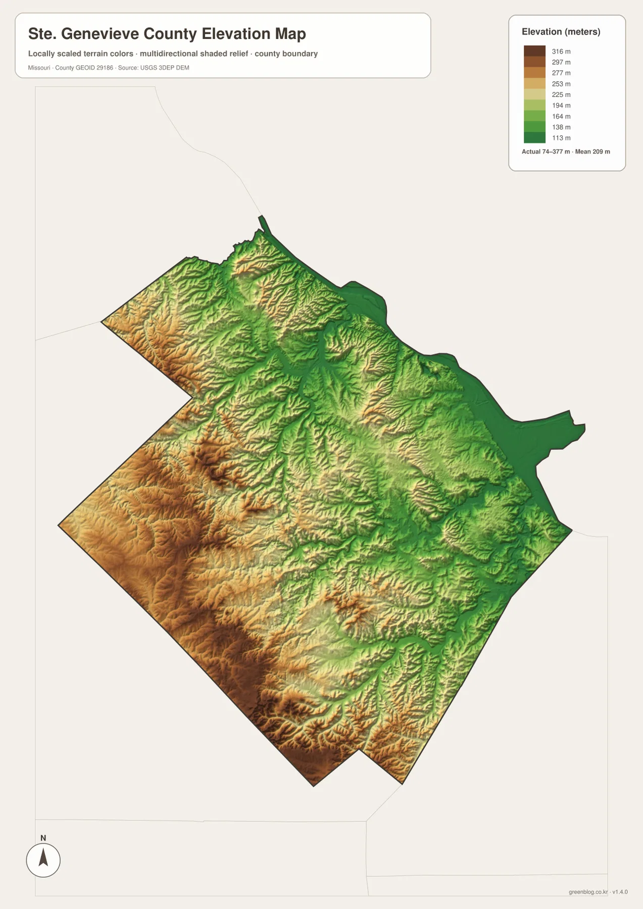 Ste. Genevieve County elevation map showing 74 to 377 meter relief, low Mississippi River terrain, high western and southwestern ridges, and River aux Vases valleys