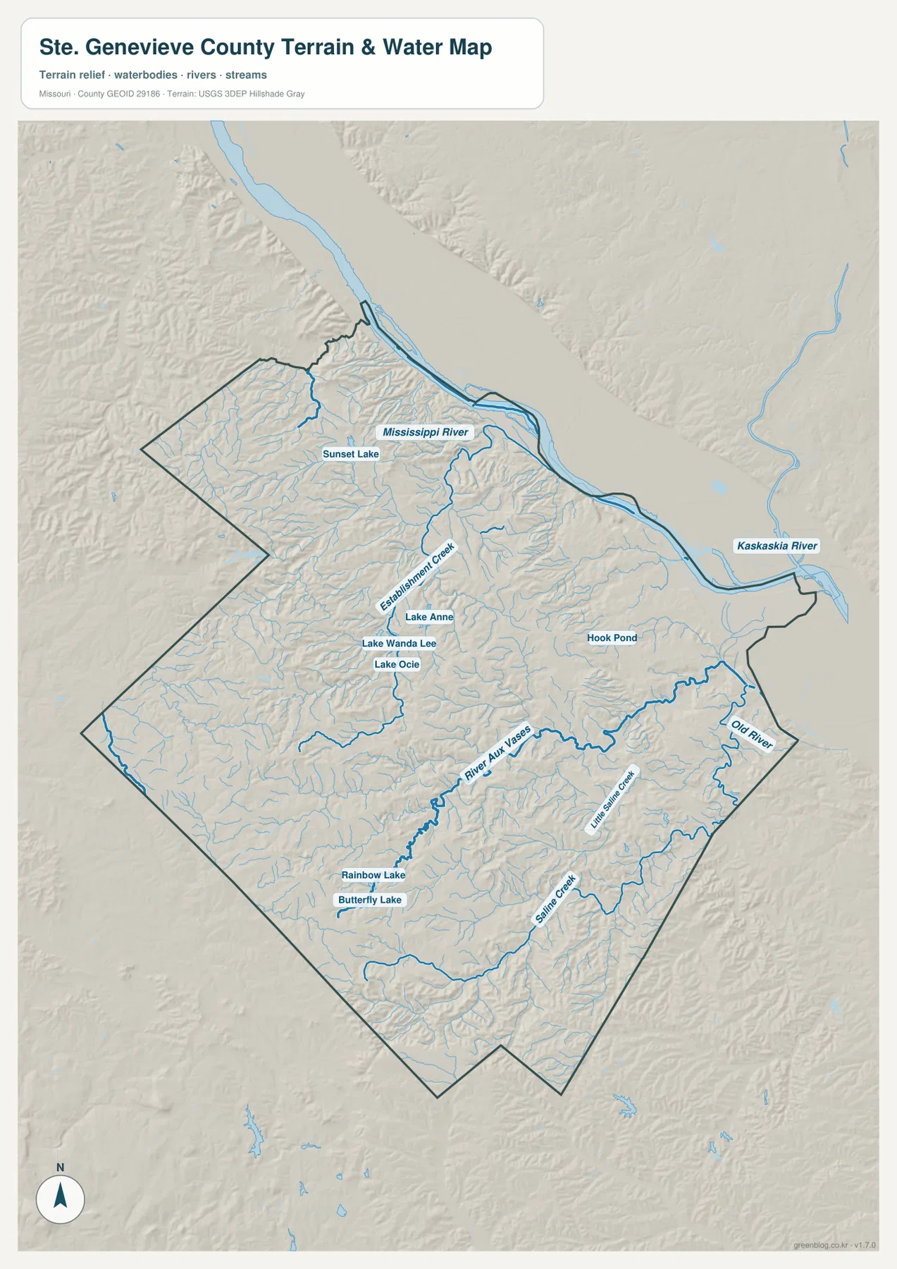 Ste. Genevieve County terrain and water map showing Mississippi River, River aux Vases, Establishment Creek, Little Saline Creek, Saline Creek, and major lakes