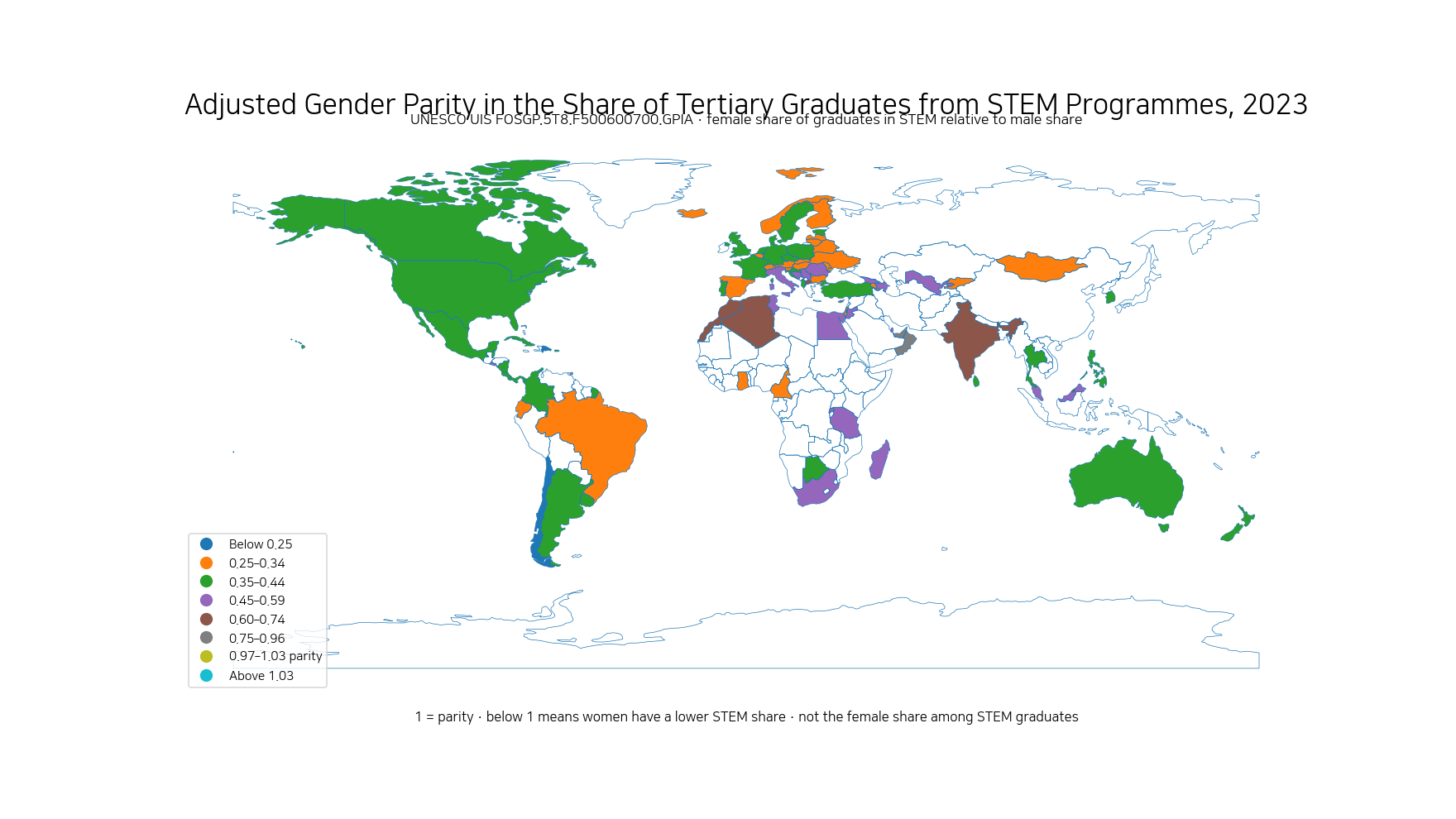 World map of the adjusted gender parity index for the share of tertiary graduates from STEM programmes in 2023