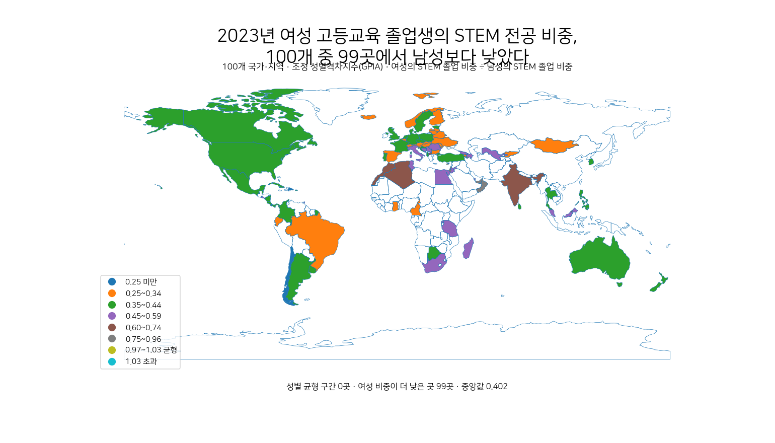 2023년 여성과 남성 고등교육 졸업생의 STEM 전공 비중 성별격차를 보여 주는 세계 지도