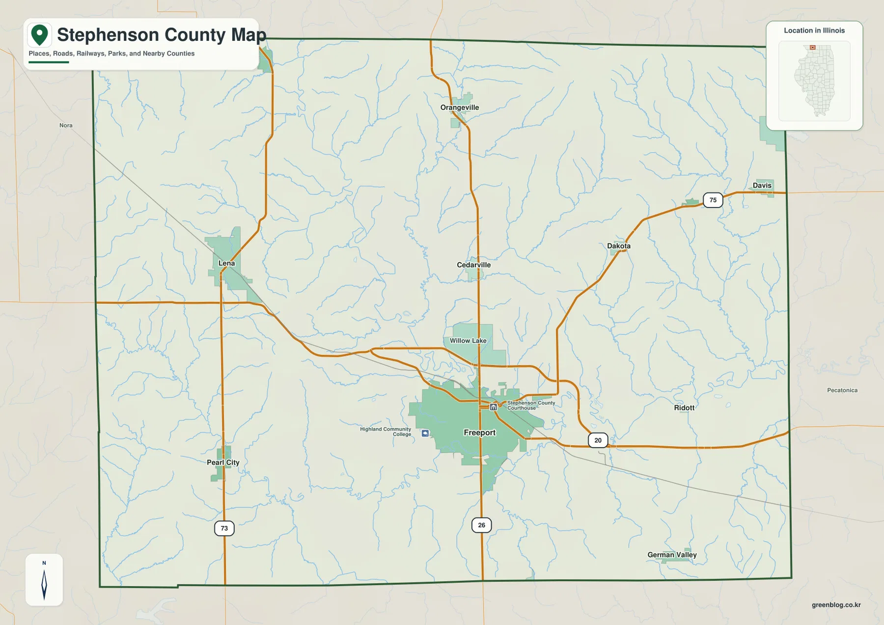 Freeport, Lena, Pearl City, Orangeville, Dakota, Cedarville와 주요 도로를 보여 주는 Stephenson County Illinois 지도