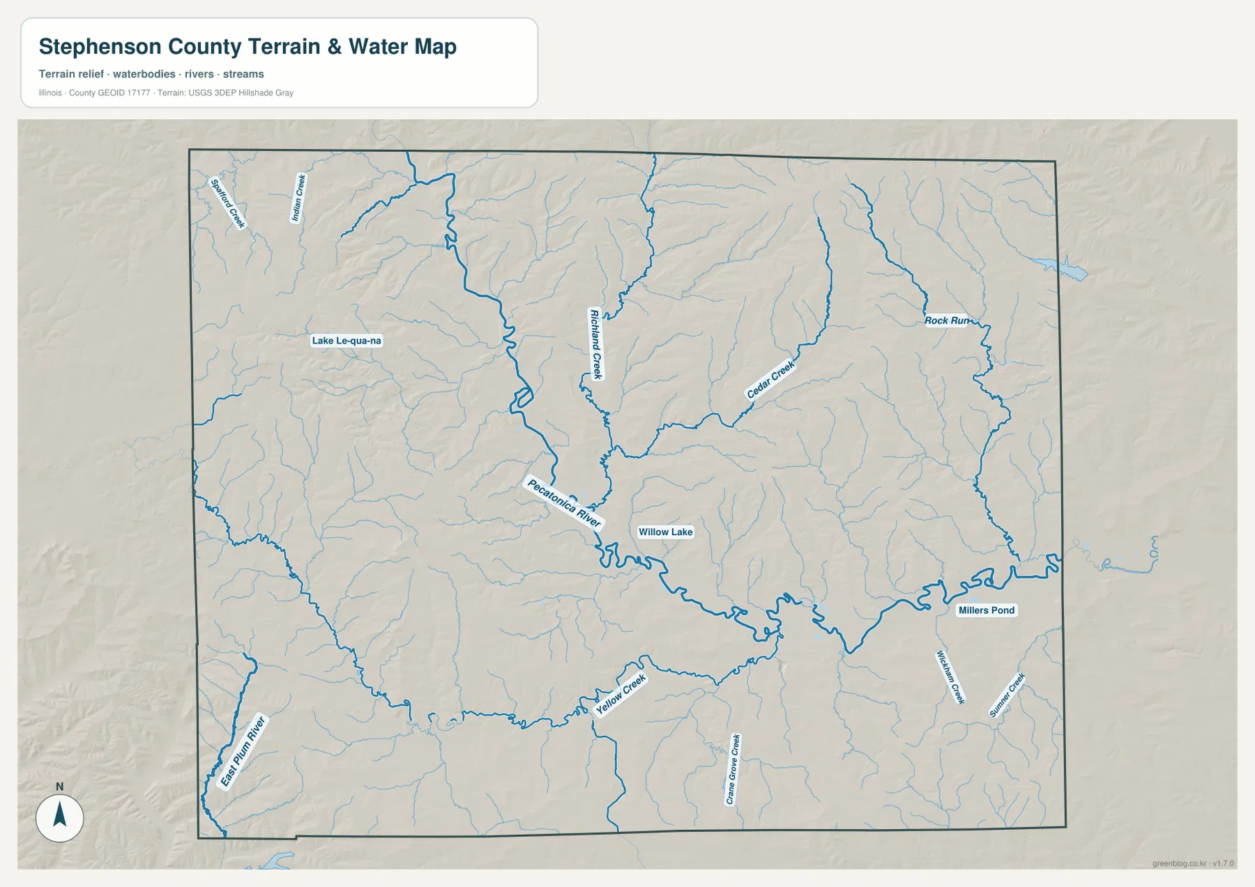 Pecatonica River, Richland Creek, Cedar Creek, Rock Run, Yellow Creek, Lake Le-Aqua-Na를 보여 주는 Stephenson County 수역 지도