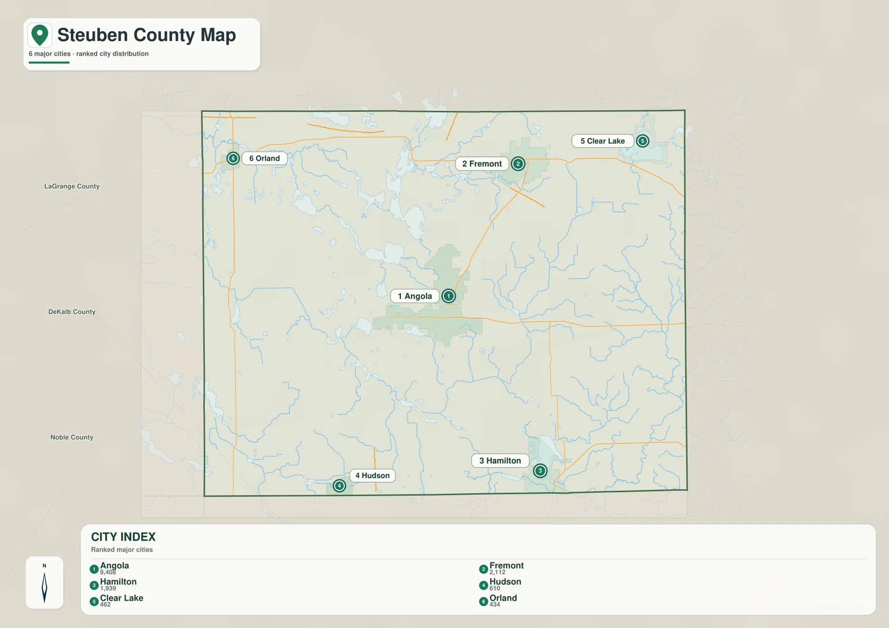 Steuben County 도시 지도에 Angola, Fremont, Hamilton, Hudson, Clear Lake, Orland가 표시된 모습