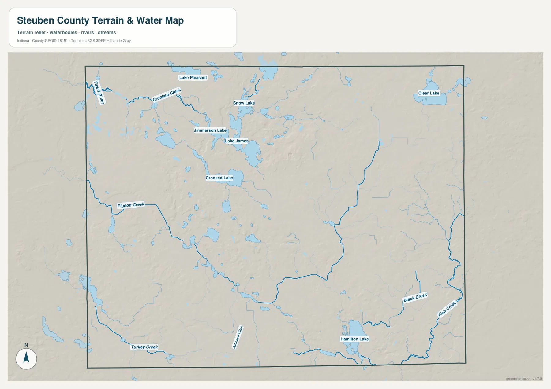 Steuben County 수역 지도에 Lake Pleasant, Snow Lake, Jimmerson Lake, Lake James, Crooked Lake, Clear Lake, Hamilton Lake와 여러 하천이 표시된 모습