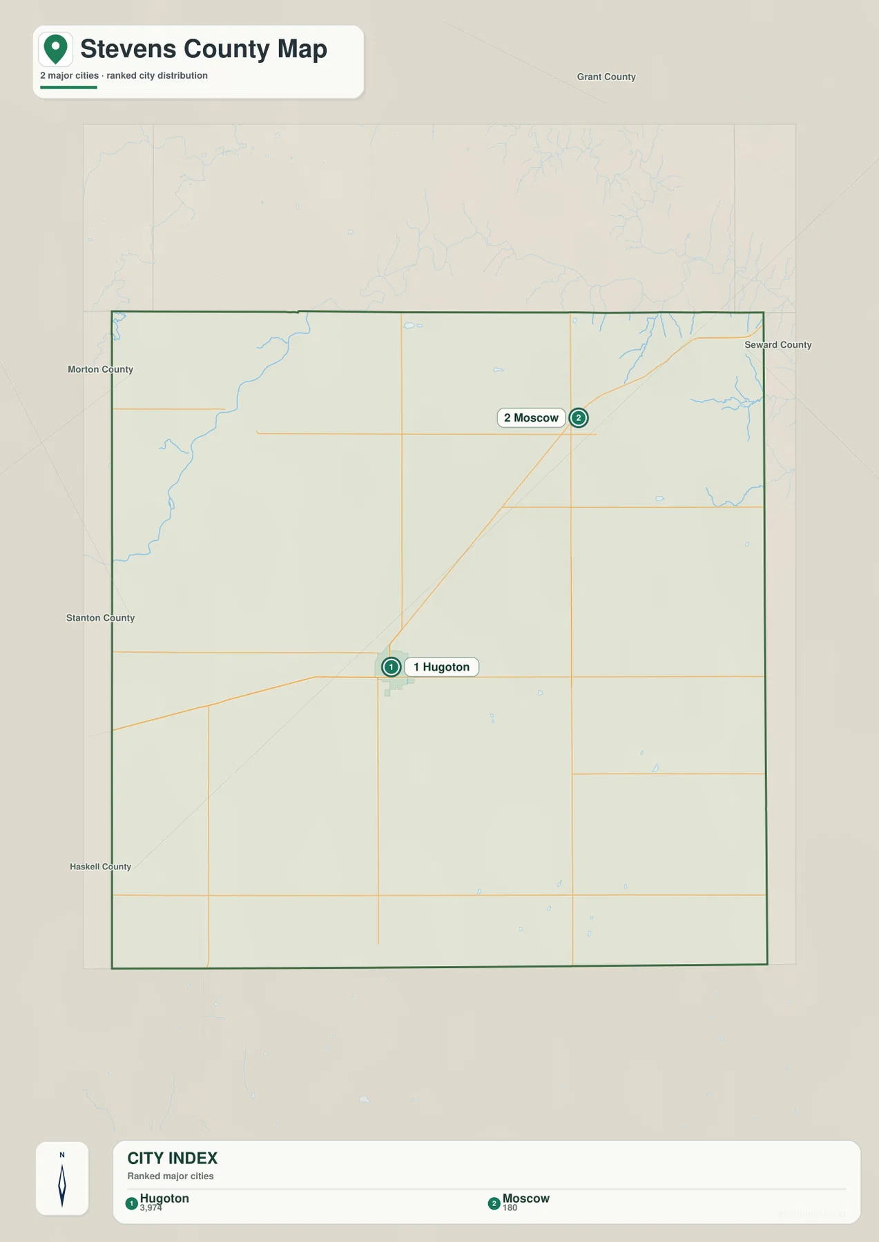 Stevens County Kansas city map showing Hugoton and Moscow