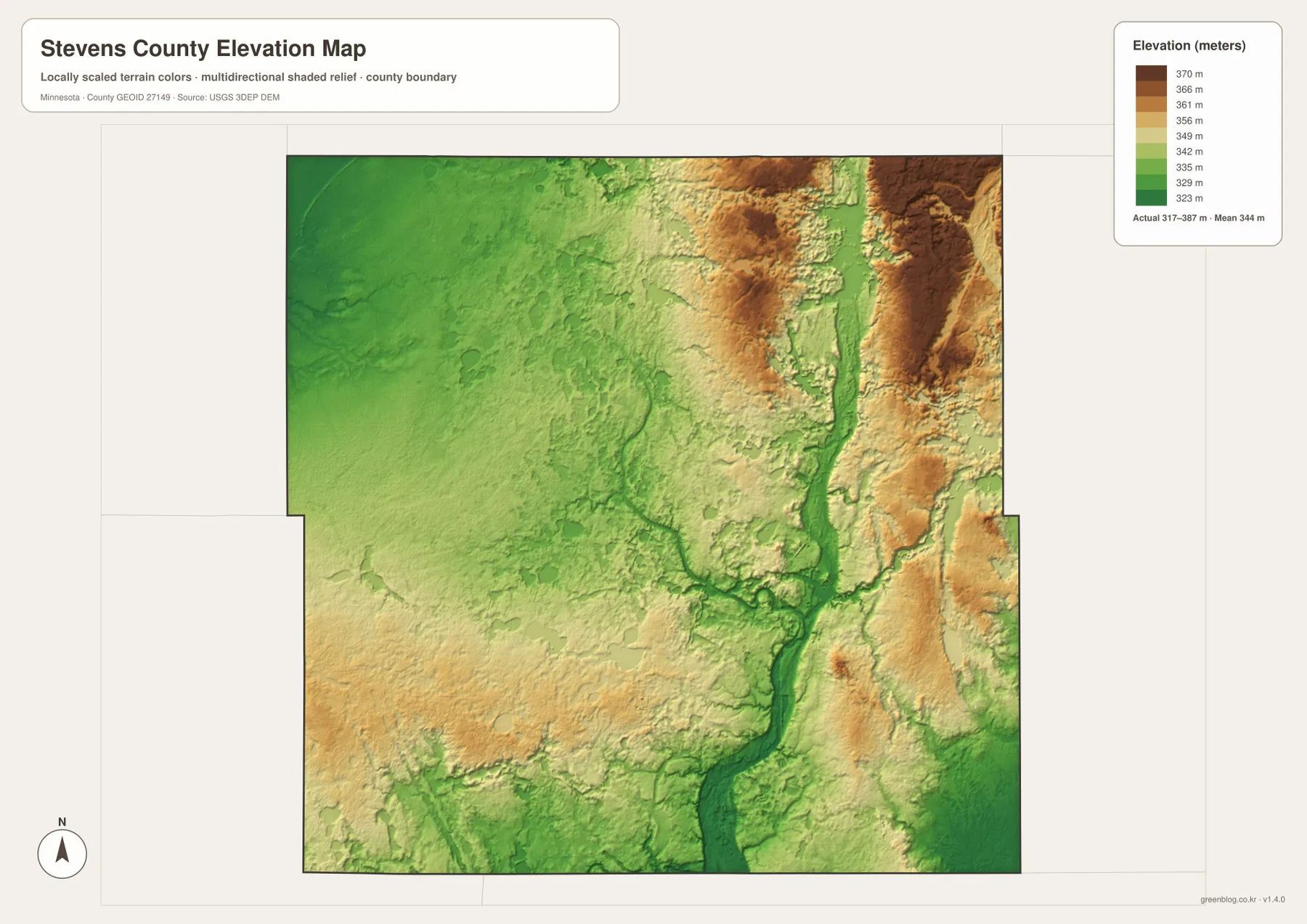 Stevens County elevation map showing terrain from about 317 to 387 meters, the Pomme de Terre River lowland, and higher eastern ground