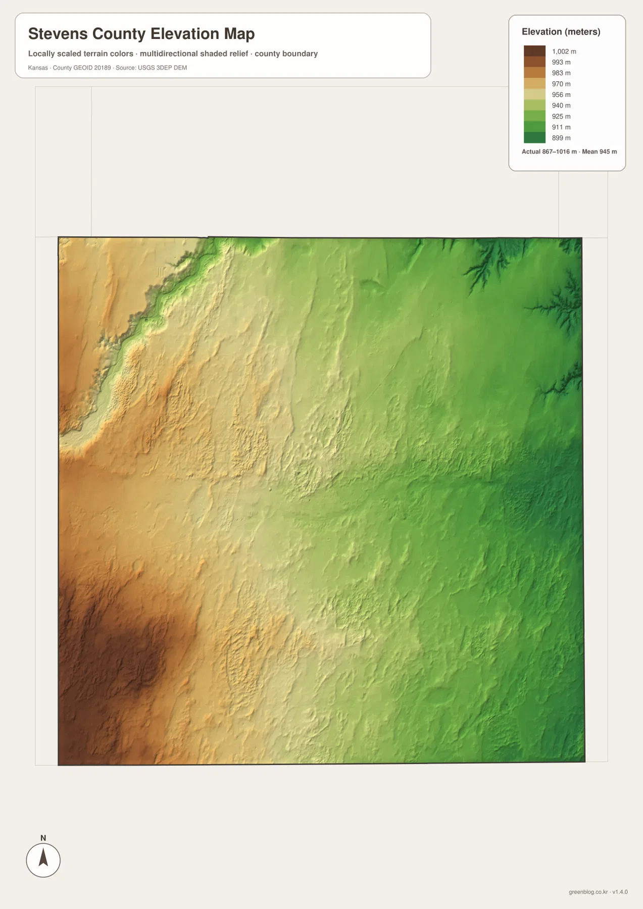 Stevens County Kansas elevation map showing 867 to 1016 meter relief, western High Plains and lower eastern terrain