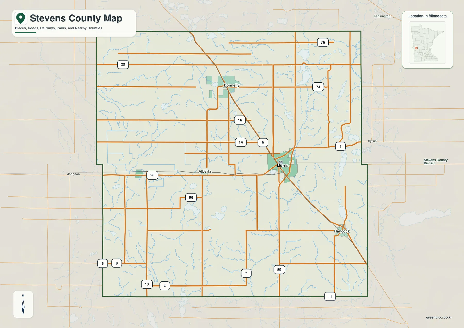 Stevens County map showing Morris, Hancock, Donnelly, Chokio, Alberta, U.S. 59, MN 9, and MN 28