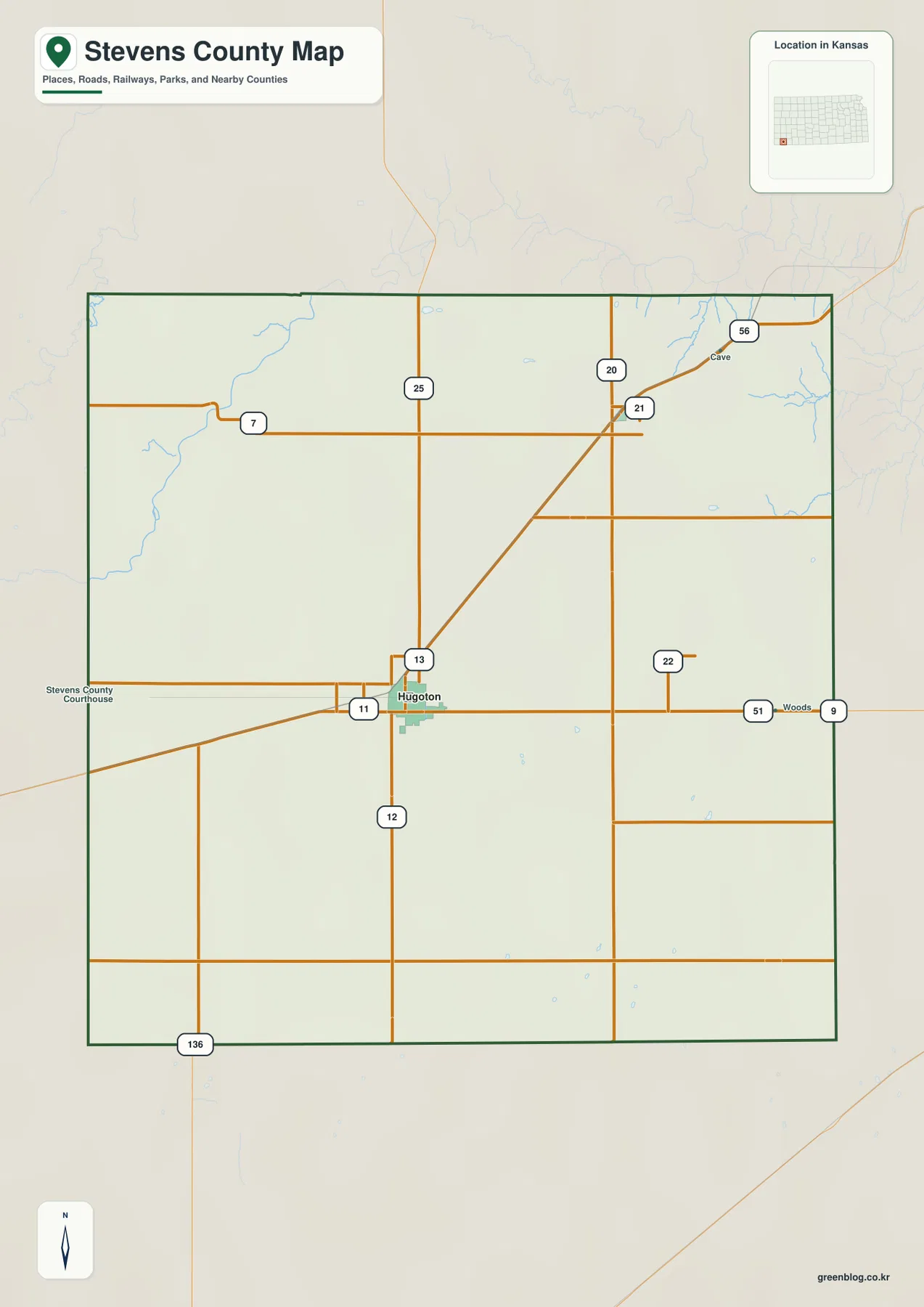 캔자스주 스티븐스 카운티 Hugoton, Moscow, Woodsdale와 US 56, K-25 주요 도로 지도