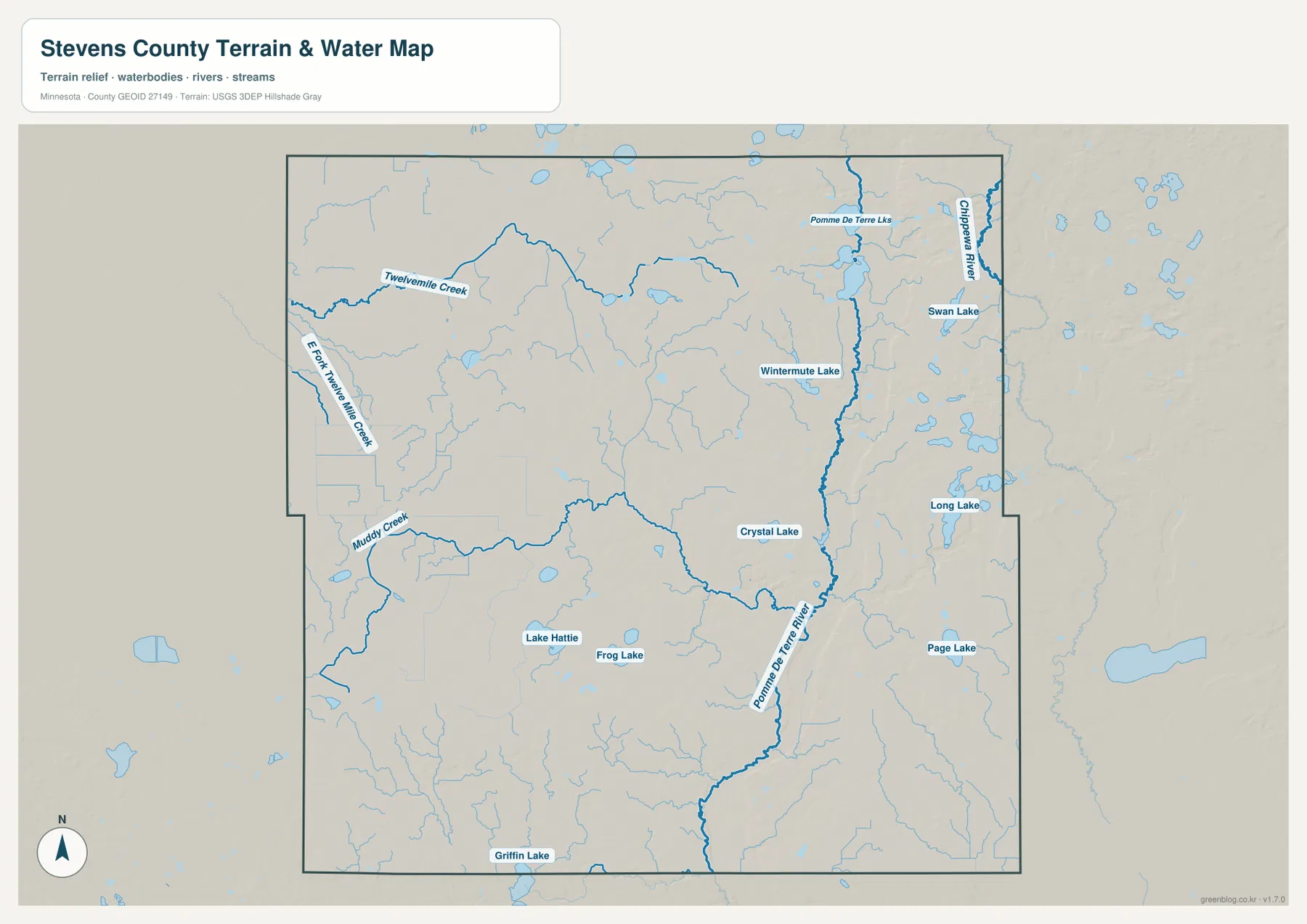 Stevens County water map showing the Pomme de Terre River, Twelvemile Creek, Muddy Creek, Crystal Lake, Lake Hattie, and other lakes