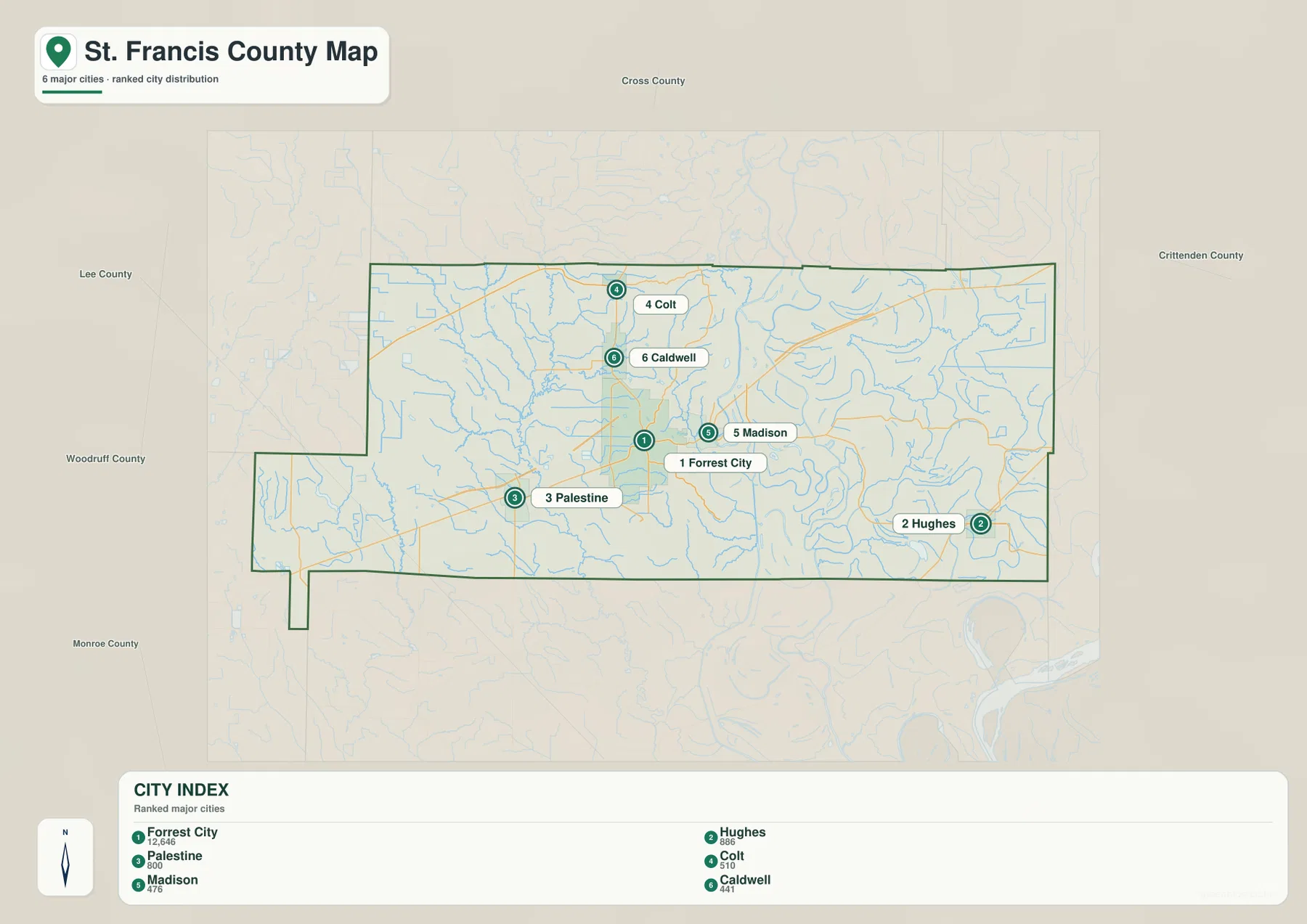 St. Francis County city map showing Forrest City, Hughes, Palestine, Colt, Madison, and Caldwell