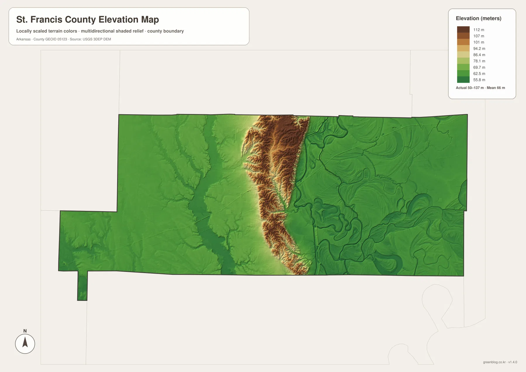 St. Francis County elevation map showing Crowley’s Ridge as a narrow high strip between low Delta plains
