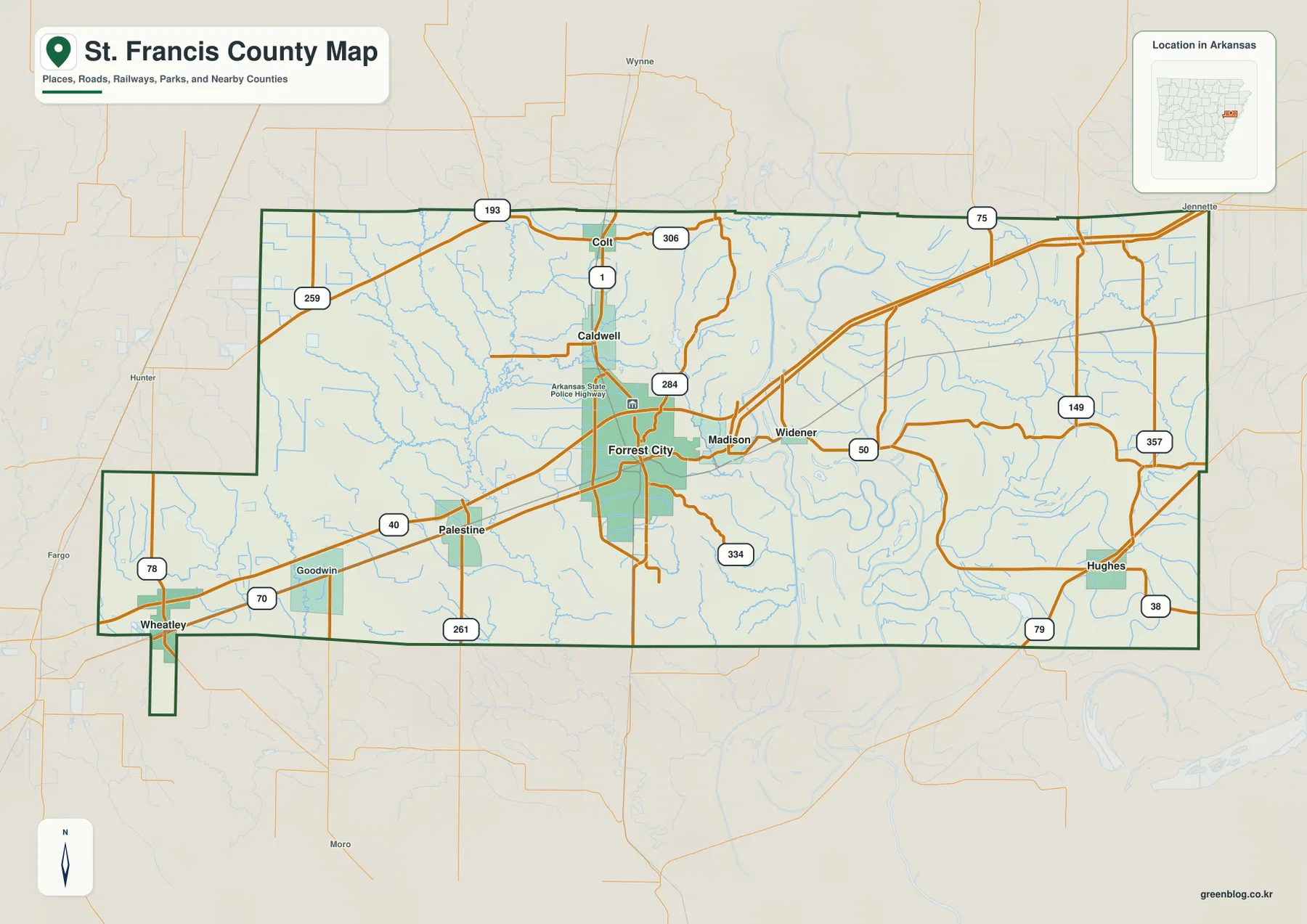 St. Francis County Arkansas map showing Forrest City, Caldwell, Colt, Palestine, Madison, Widener, Hughes, Interstate 40, and Highway 1