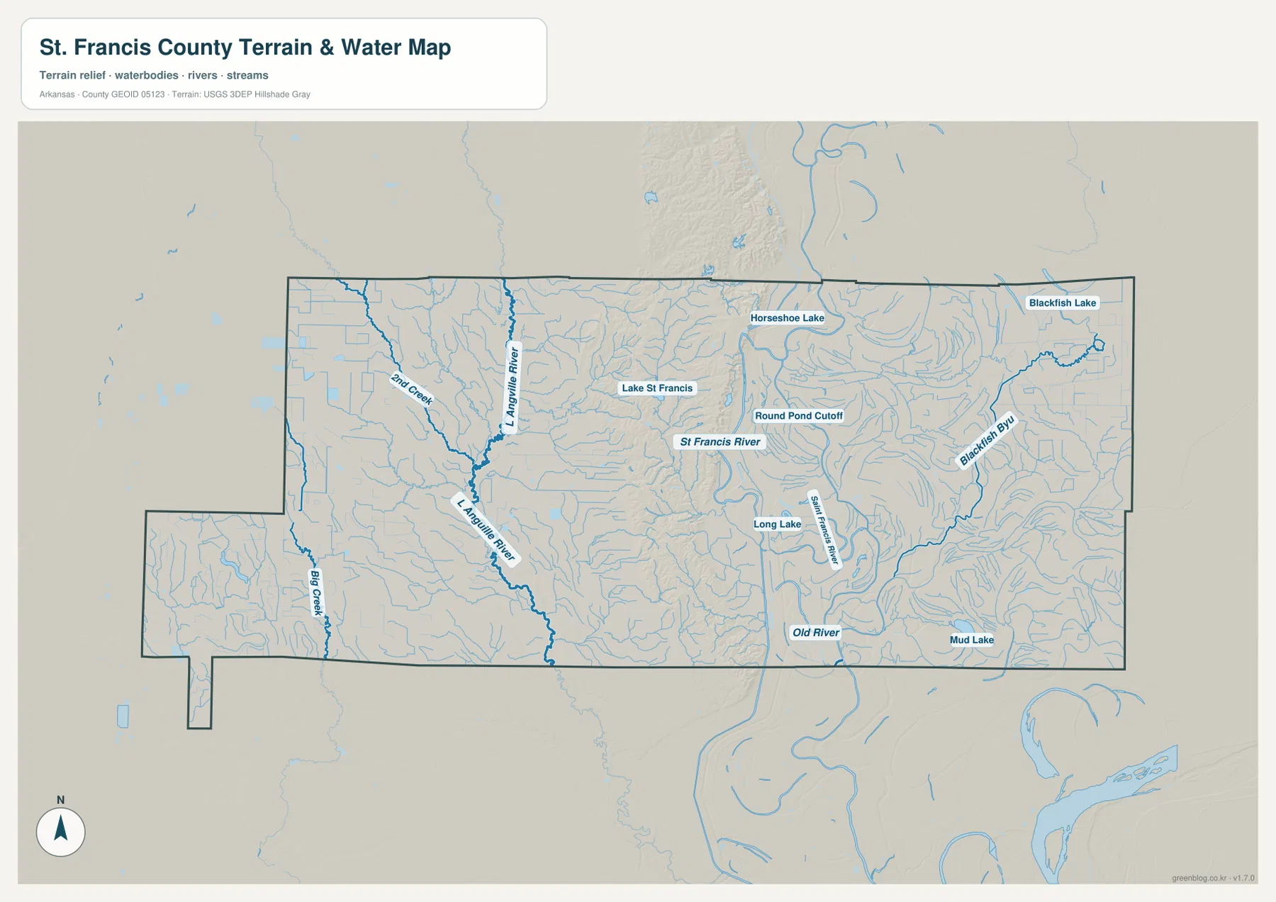 St. Francis County terrain and water map showing the L’Anguille River, St. Francis River, Blackfish Bayou, Horseshoe Lake, and other water bodies