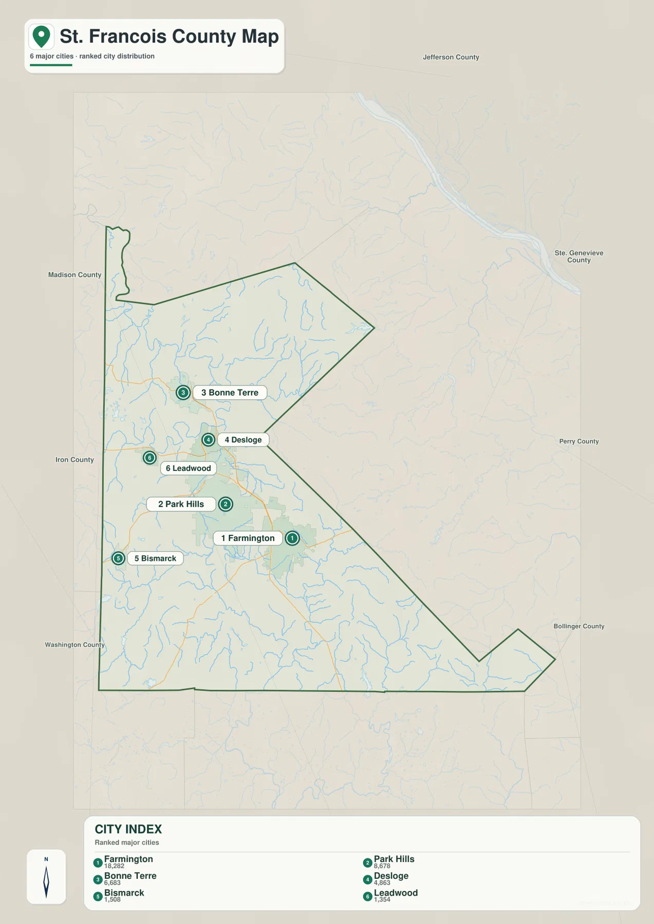St. Francois County city map showing Farmington, Park Hills, Bonne Terre, Desloge, Bismarck, and Leadwood with ranked distribution