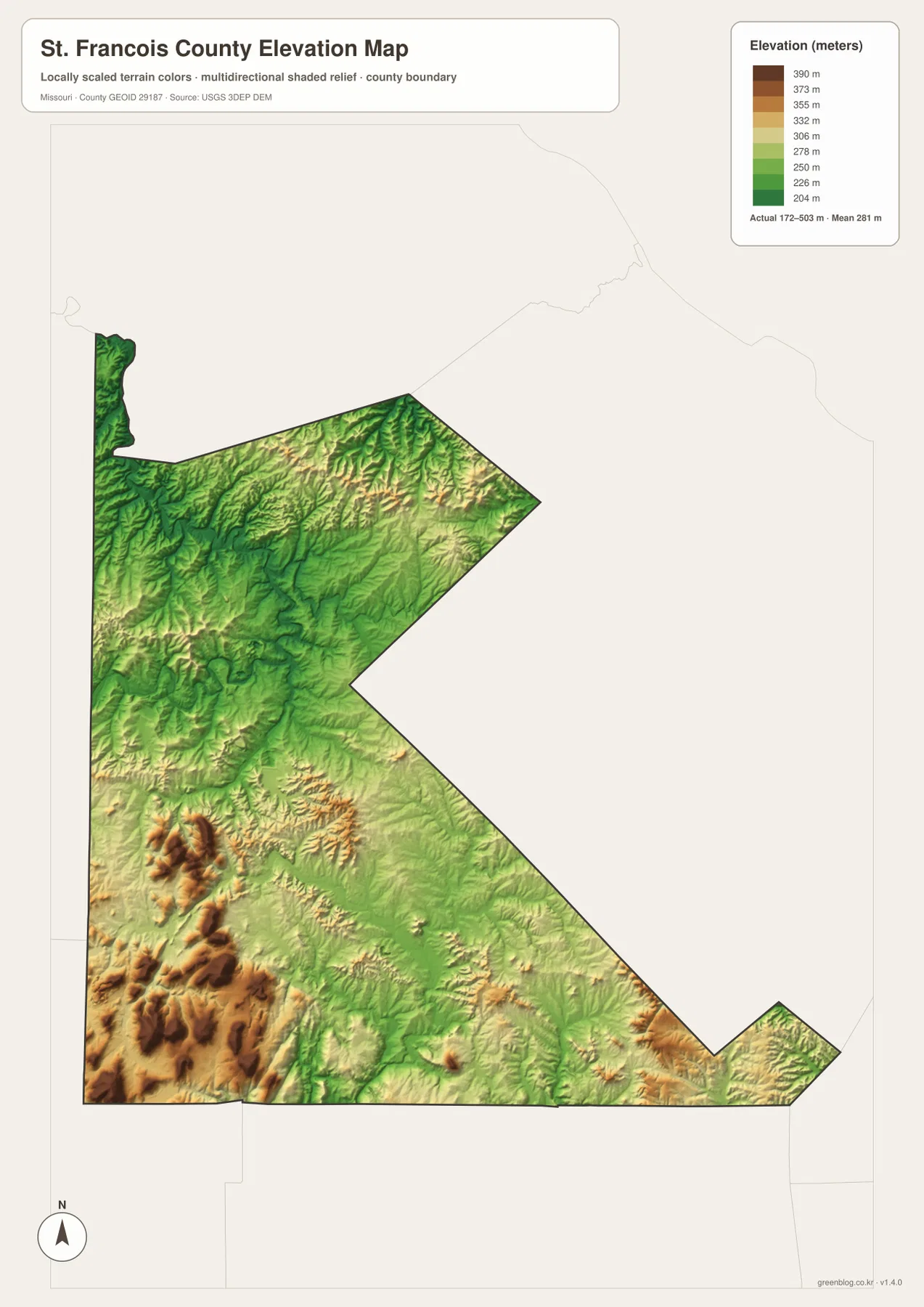 St. Francois County elevation map showing 172 to 503 meter relief, high southwestern ridges, and lower Big River and St. Francois River valleys