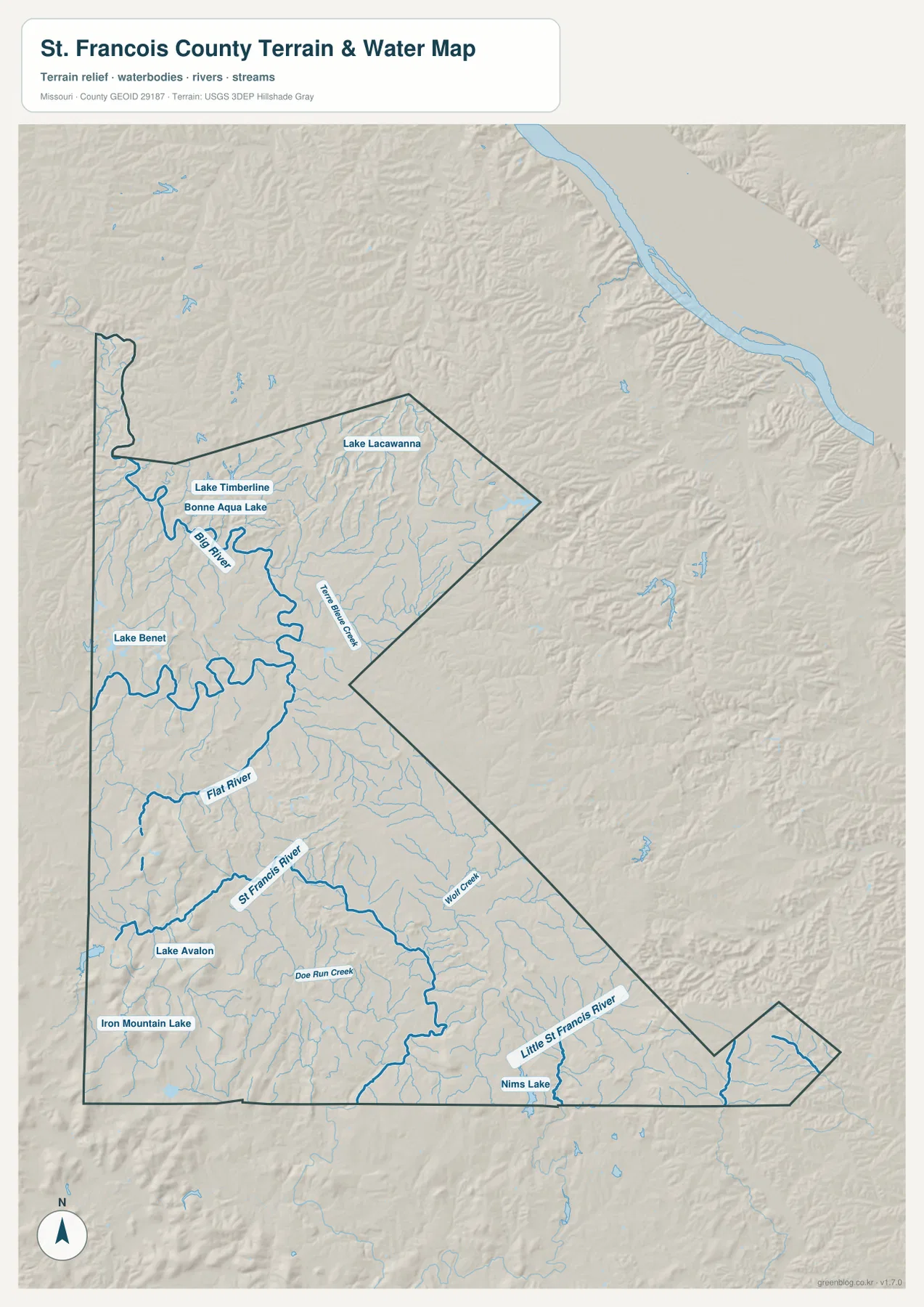 St. Francois County terrain and water map showing Big River, Flat River, St. Francois River, Little St. Francois River, Terre Bleue Creek, and major lakes