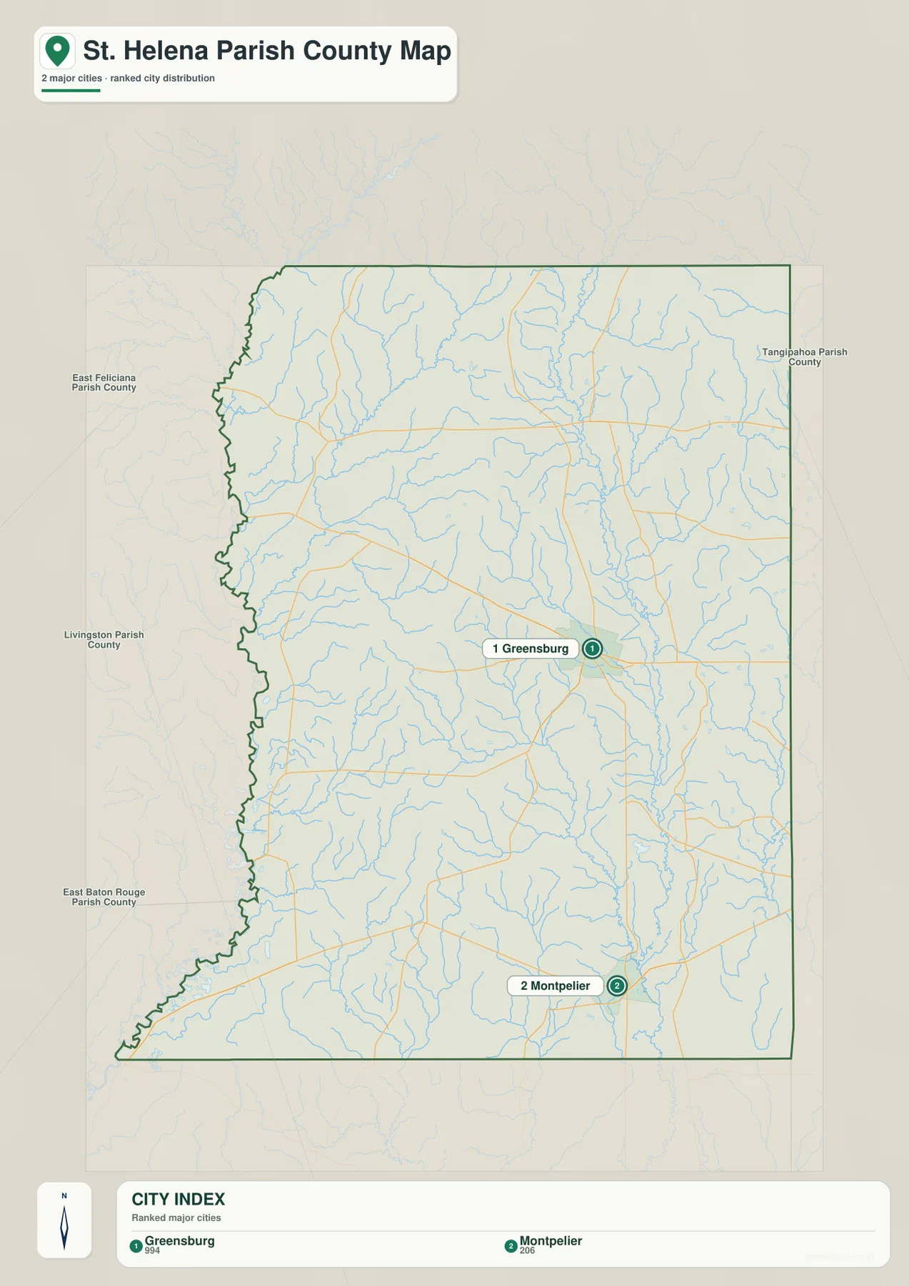 St. Helena Parish ranked city map showing Greensburg as number 1 and Montpelier as number 2