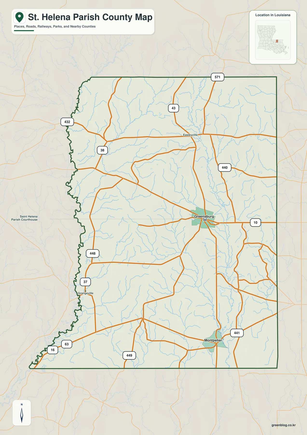 St. Helena Parish map showing Greensburg, Montpelier, Grangeville, Easleyville, LA 10, LA 43, LA 441, and other state roads
